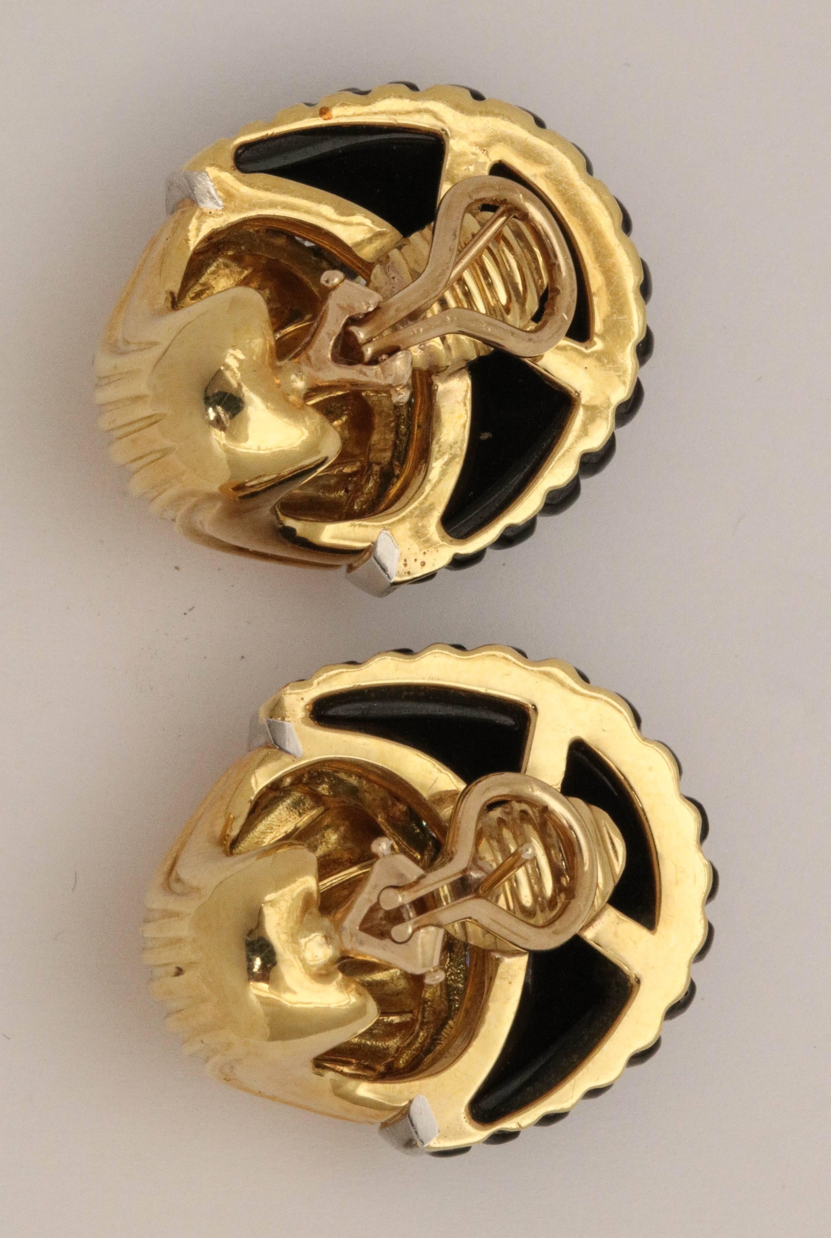 Modern Triple Gold Diamond and Onyx Sea Shell Earrings