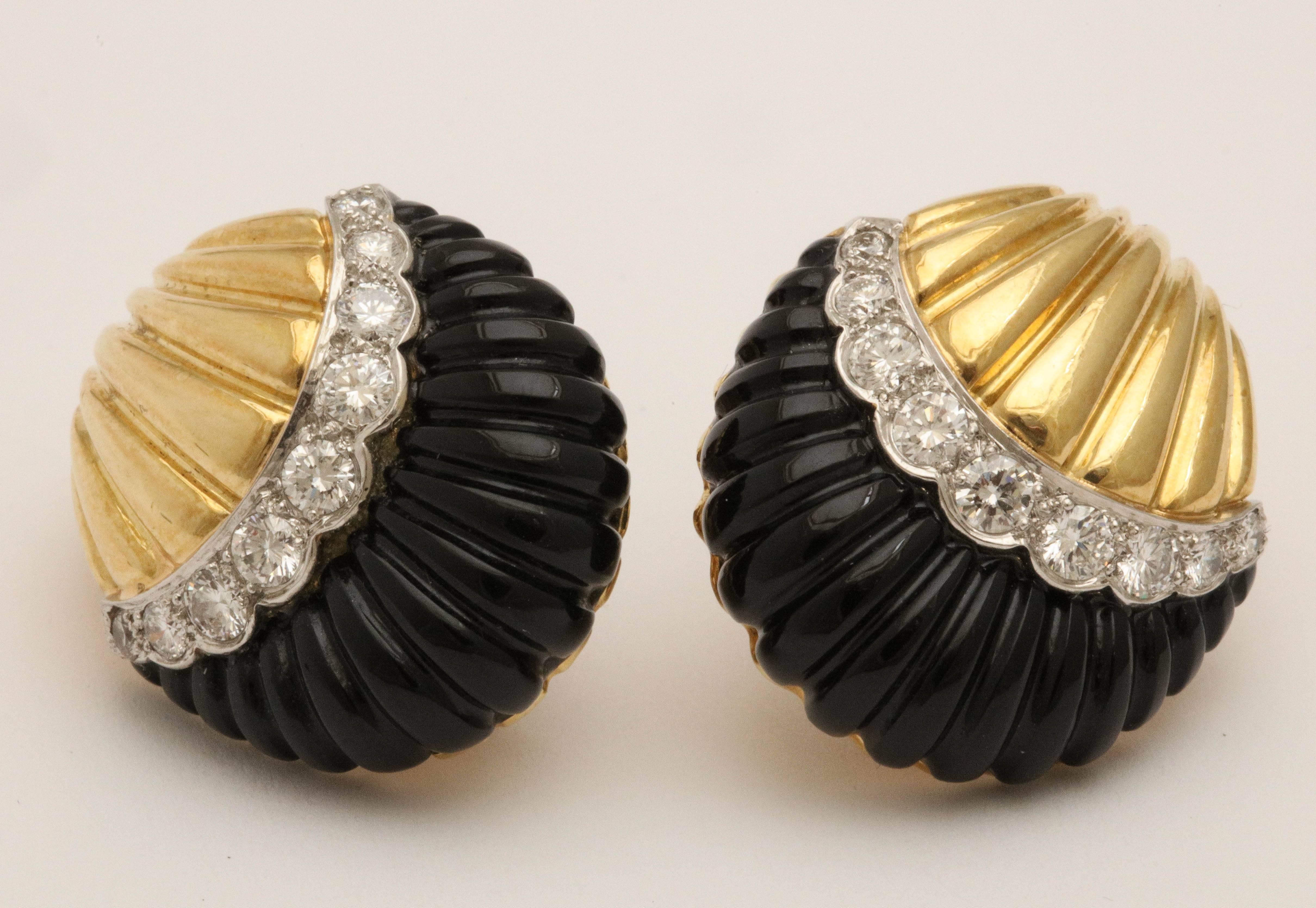 Women's Triple Gold Diamond and Onyx Sea Shell Earrings