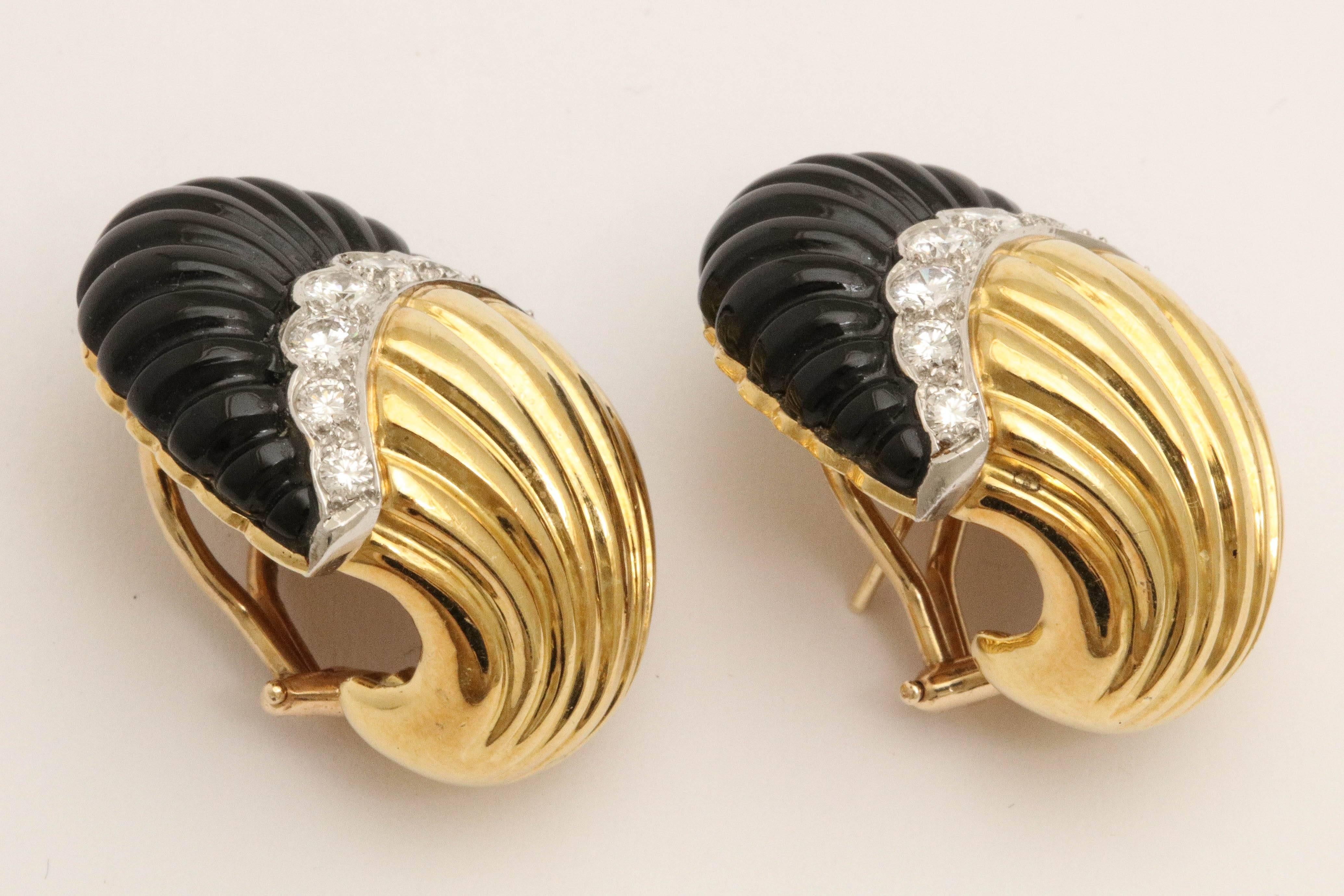 Triple Gold Diamond and Onyx Sea Shell Earrings 1