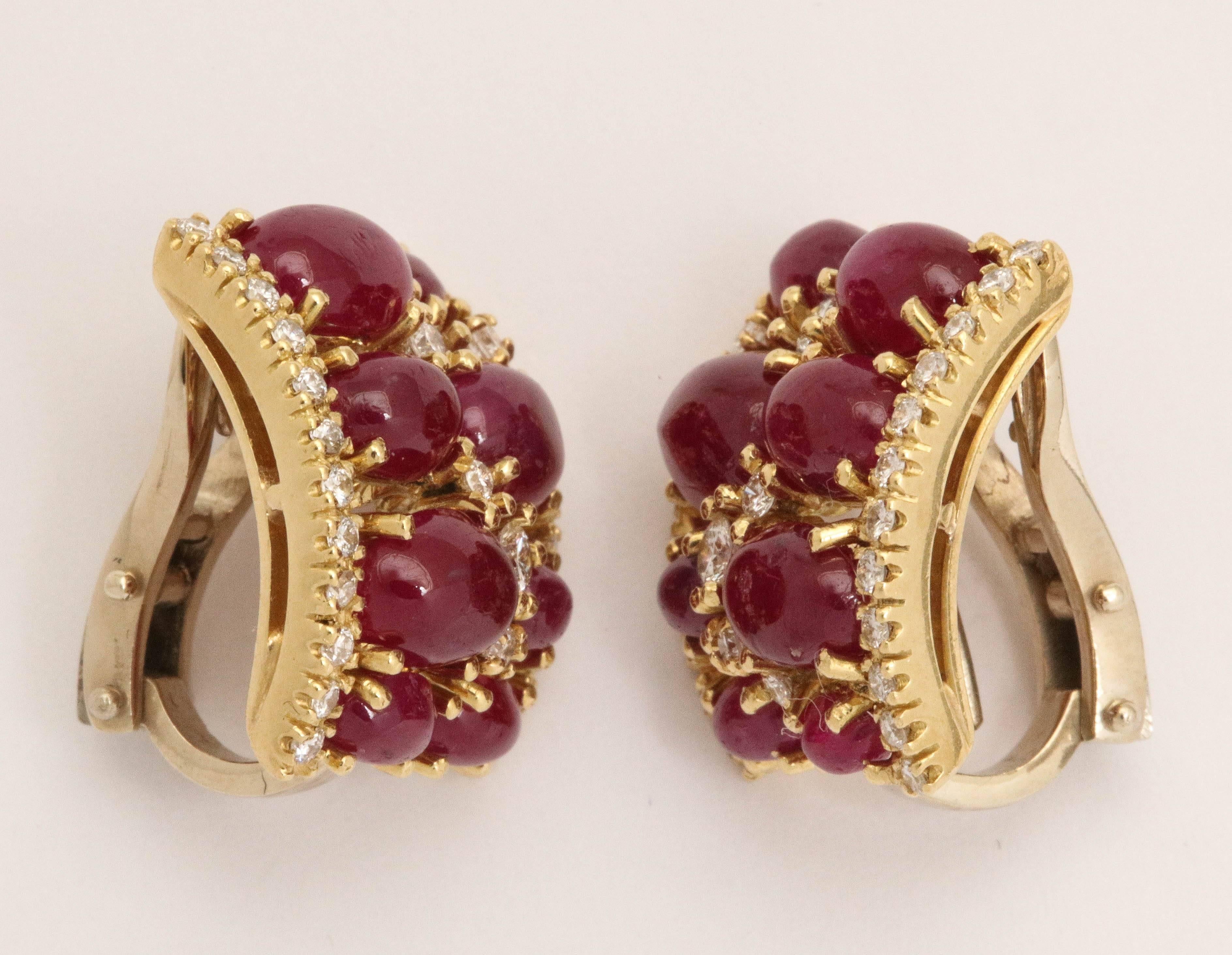 Contemporary Cabochon Burma Ruby and Diamond Clip-On Earrings For Sale