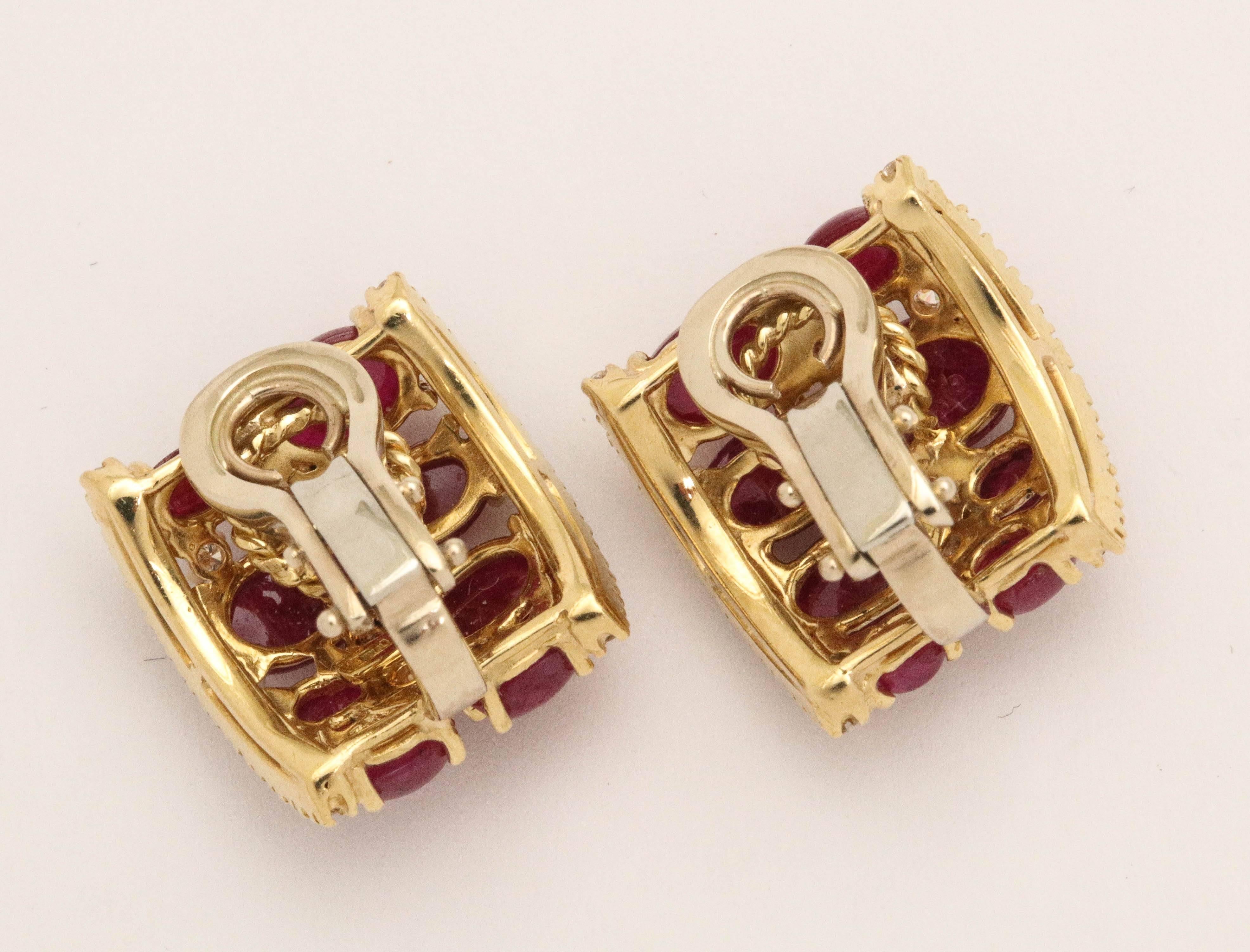 Cabochon Burma Ruby and Diamond Clip-On Earrings In Excellent Condition For Sale In New York, NY