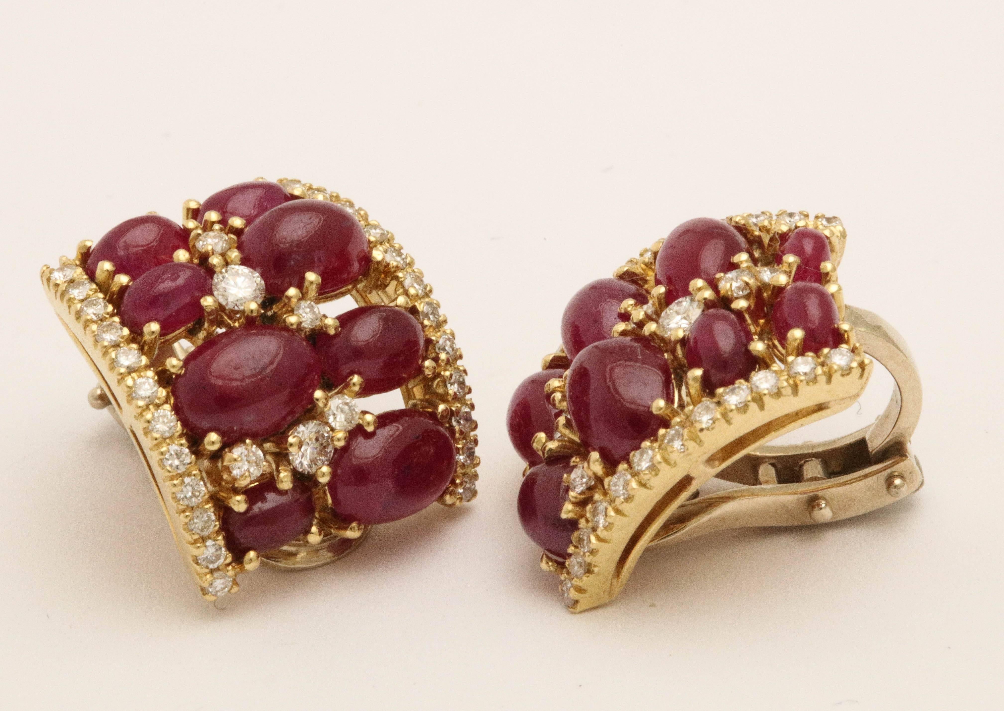Cabochon Burma Ruby and Diamond Clip-On Earrings For Sale 1