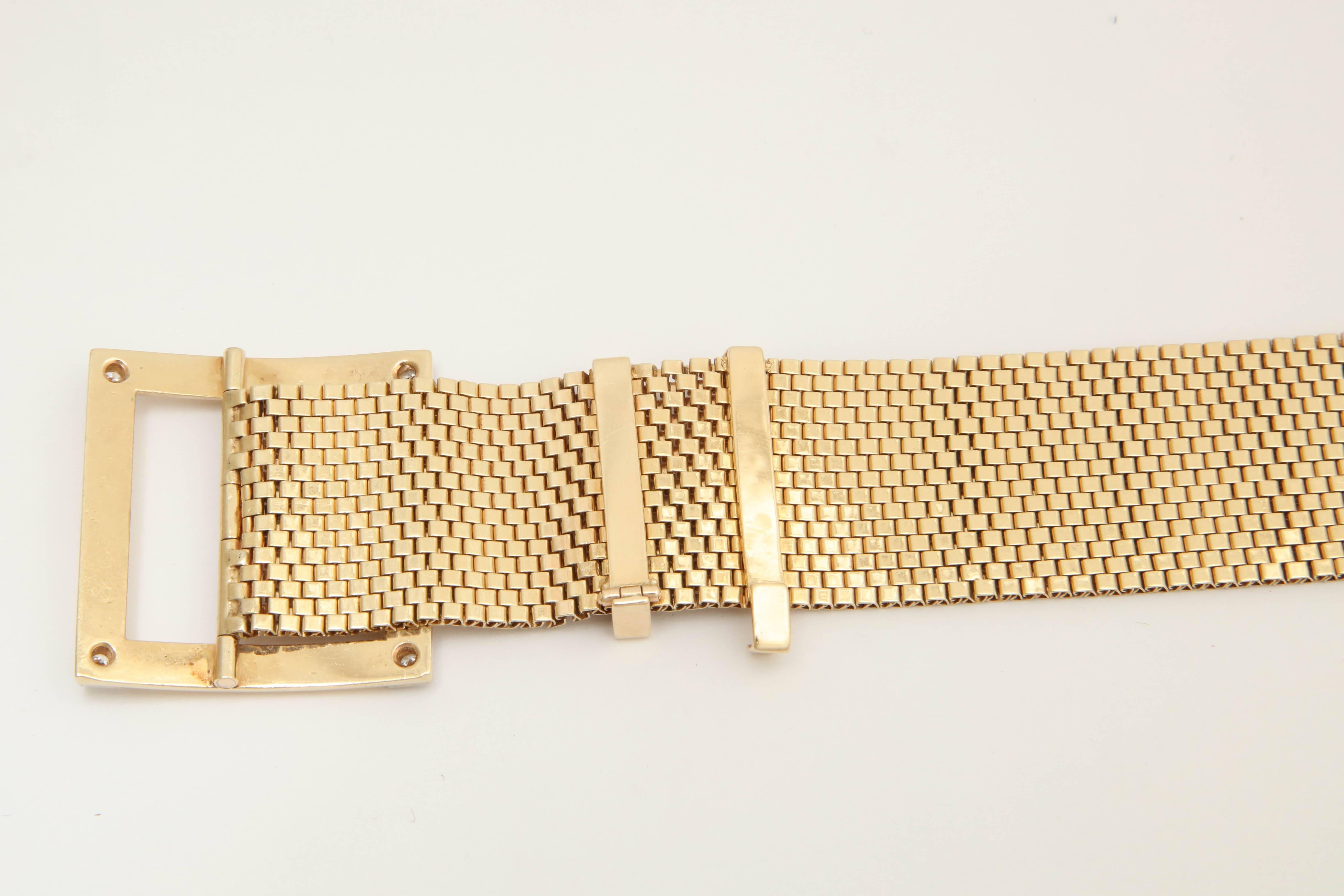 Women's 1940s Belt Buckle Design Brick Mesh, Diamond and Gold Flexible Bracelet