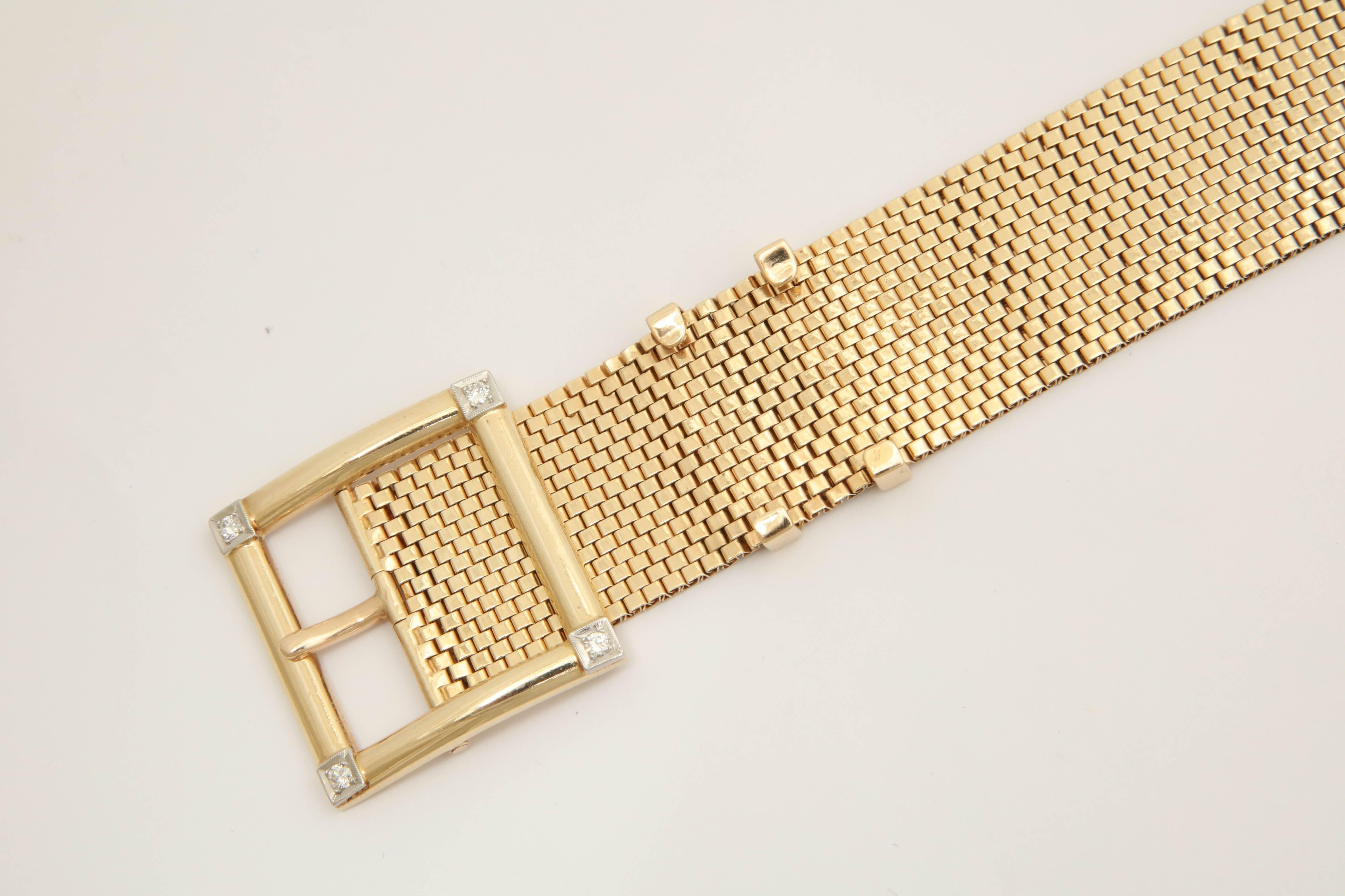 1940s Belt Buckle Design Brick Mesh, Diamond and Gold Flexible Bracelet 1