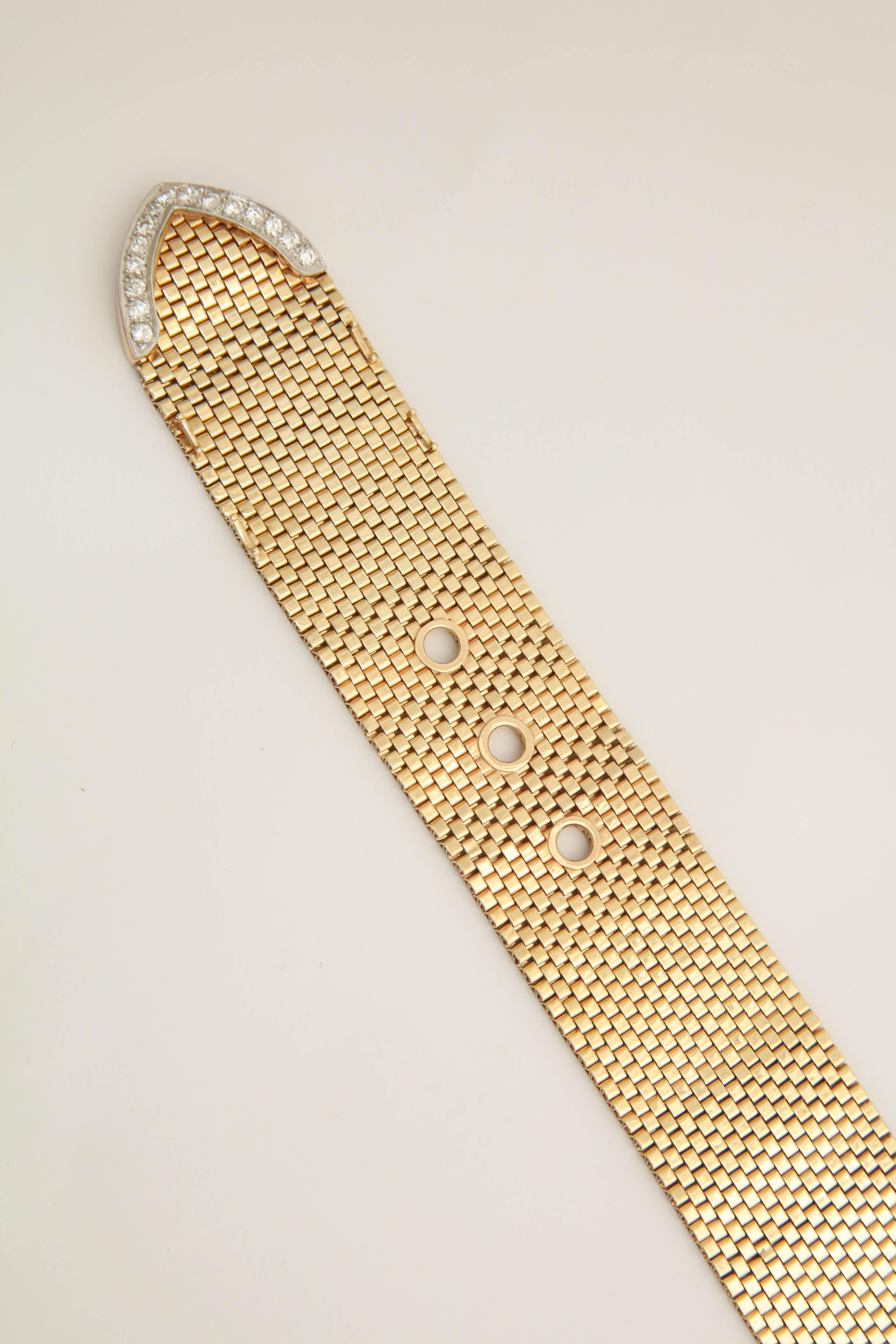 1940s Belt Buckle Design Brick Mesh, Diamond and Gold Flexible Bracelet 2