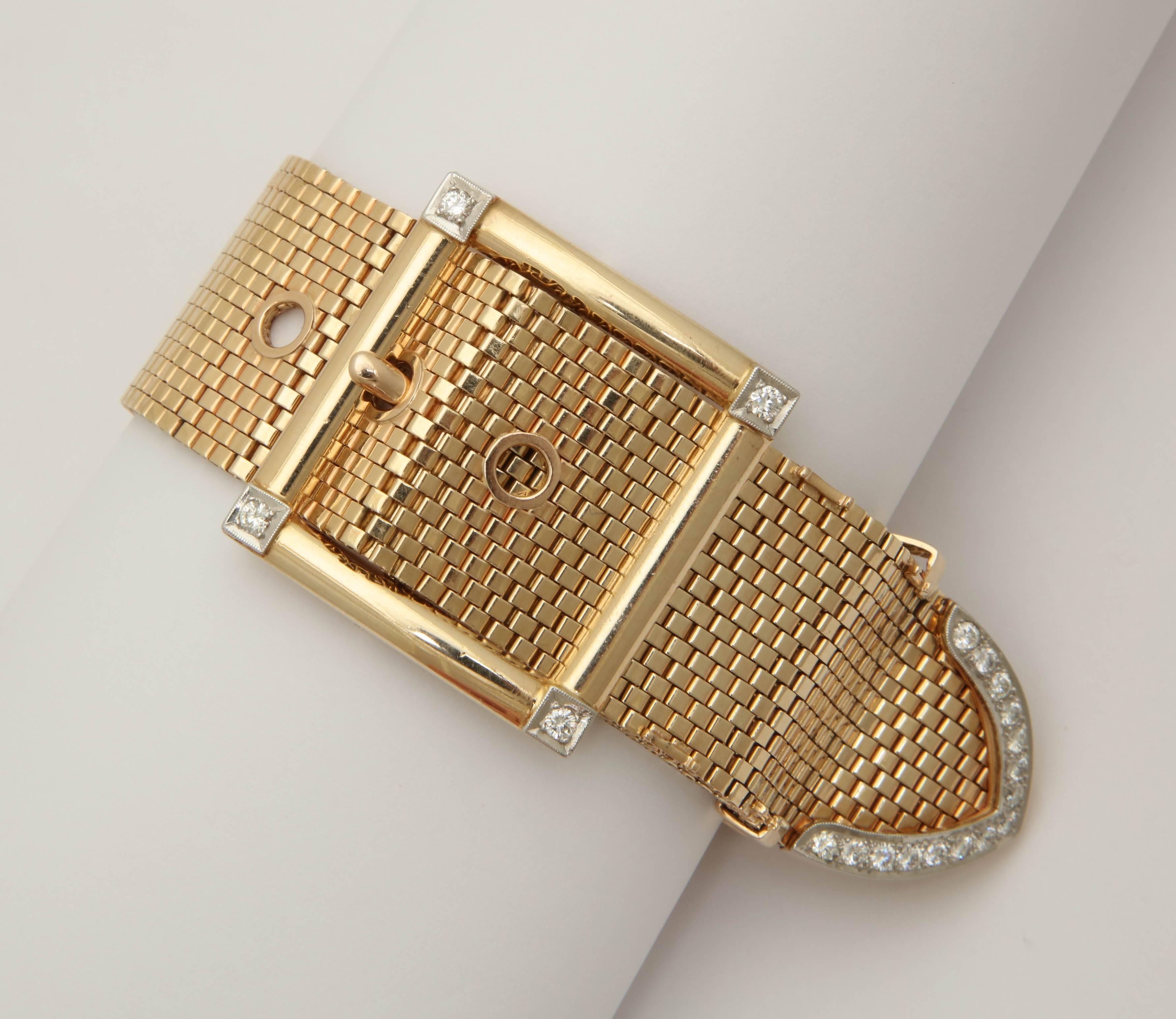 1940s Belt Buckle Design Brick Mesh, Diamond and Gold Flexible Bracelet 3