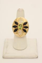 1960s Marquis Cut Onyx, Peridot with Diamonds Large Cocktail Gold Ring