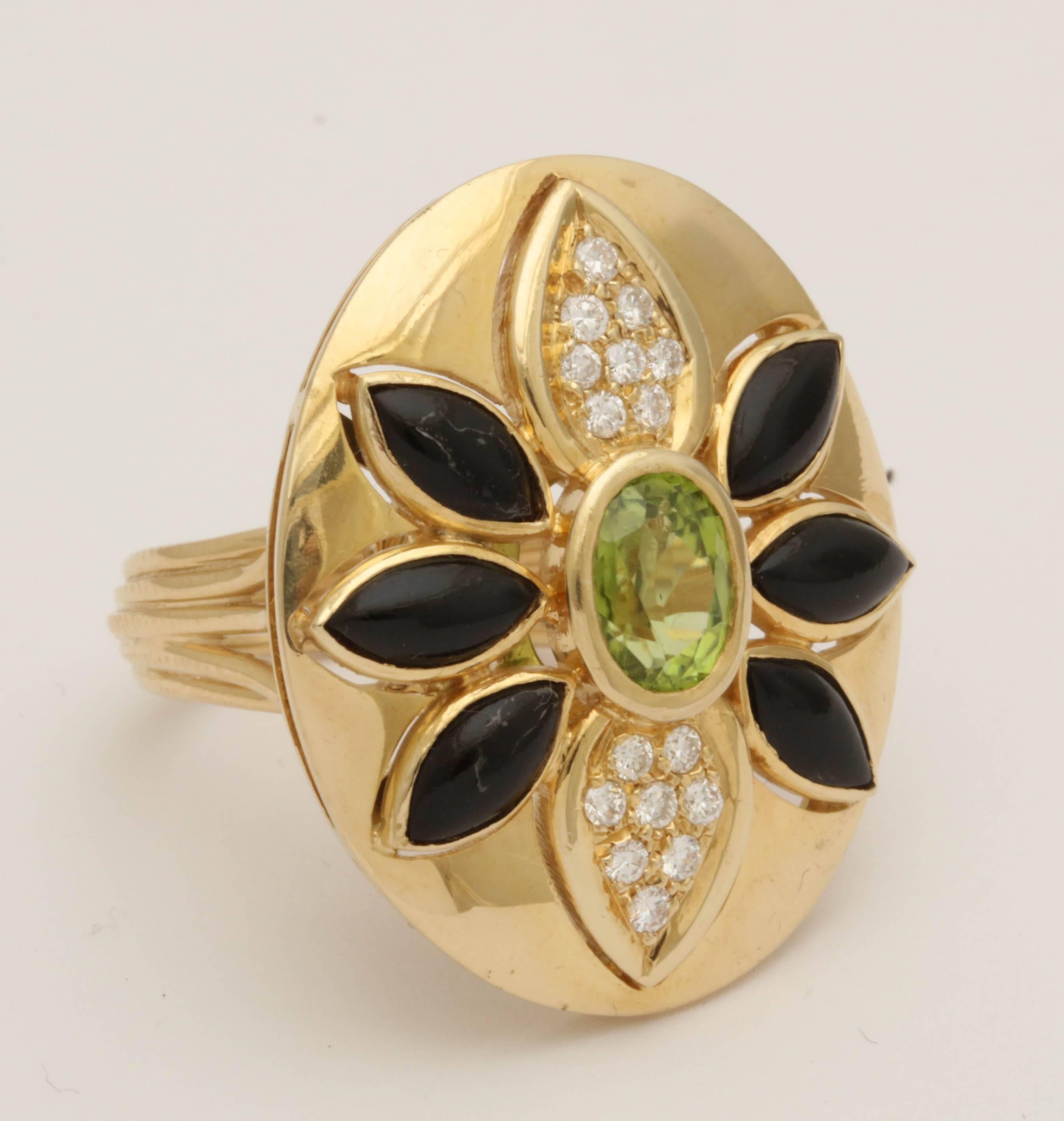 1960s Marquis Cut Onyx, Peridot with Diamonds Large Cocktail Gold Ring In Good Condition In New York, NY