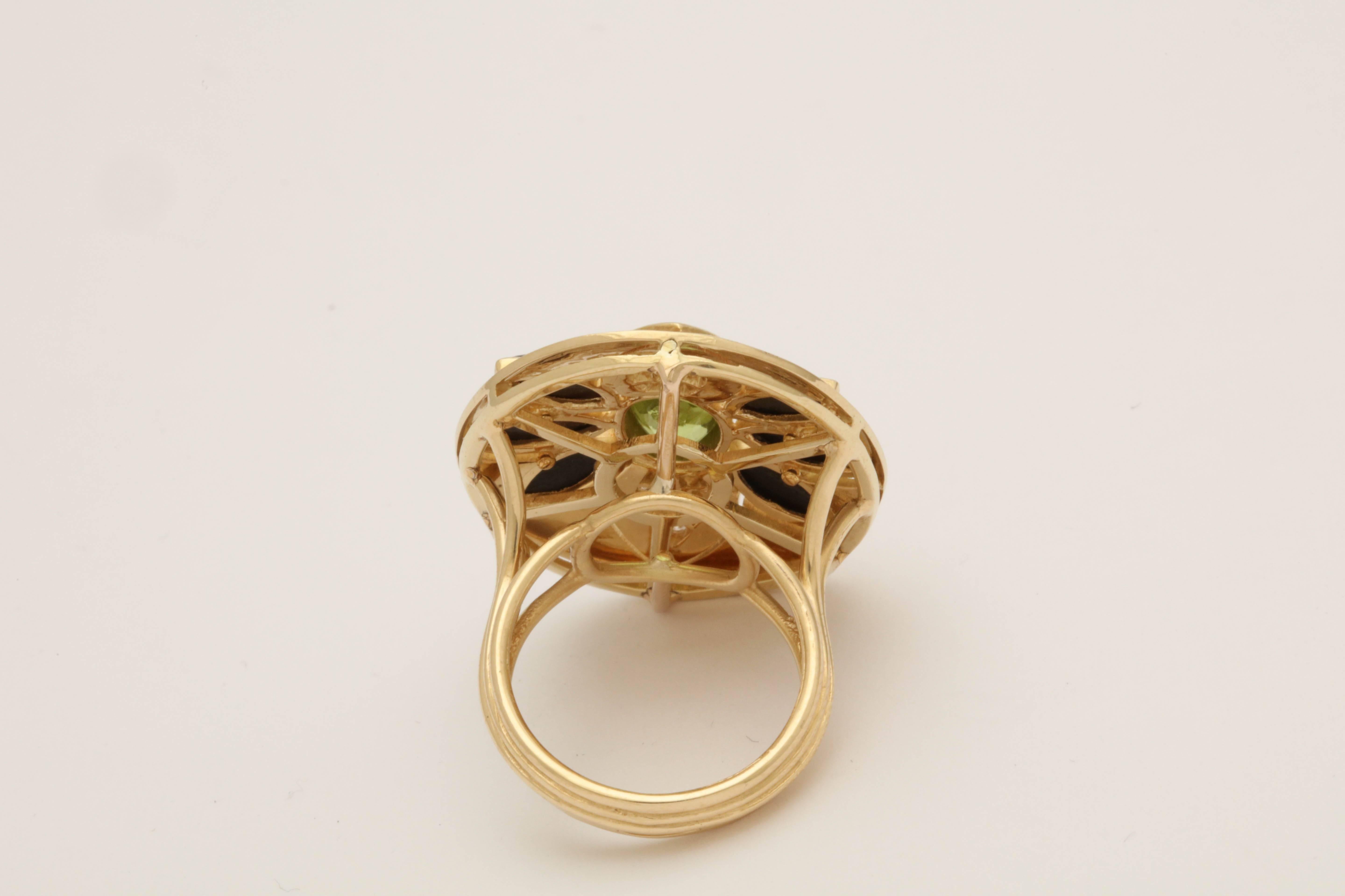 Women's 1960s Marquis Cut Onyx, Peridot with Diamonds Large Cocktail Gold Ring