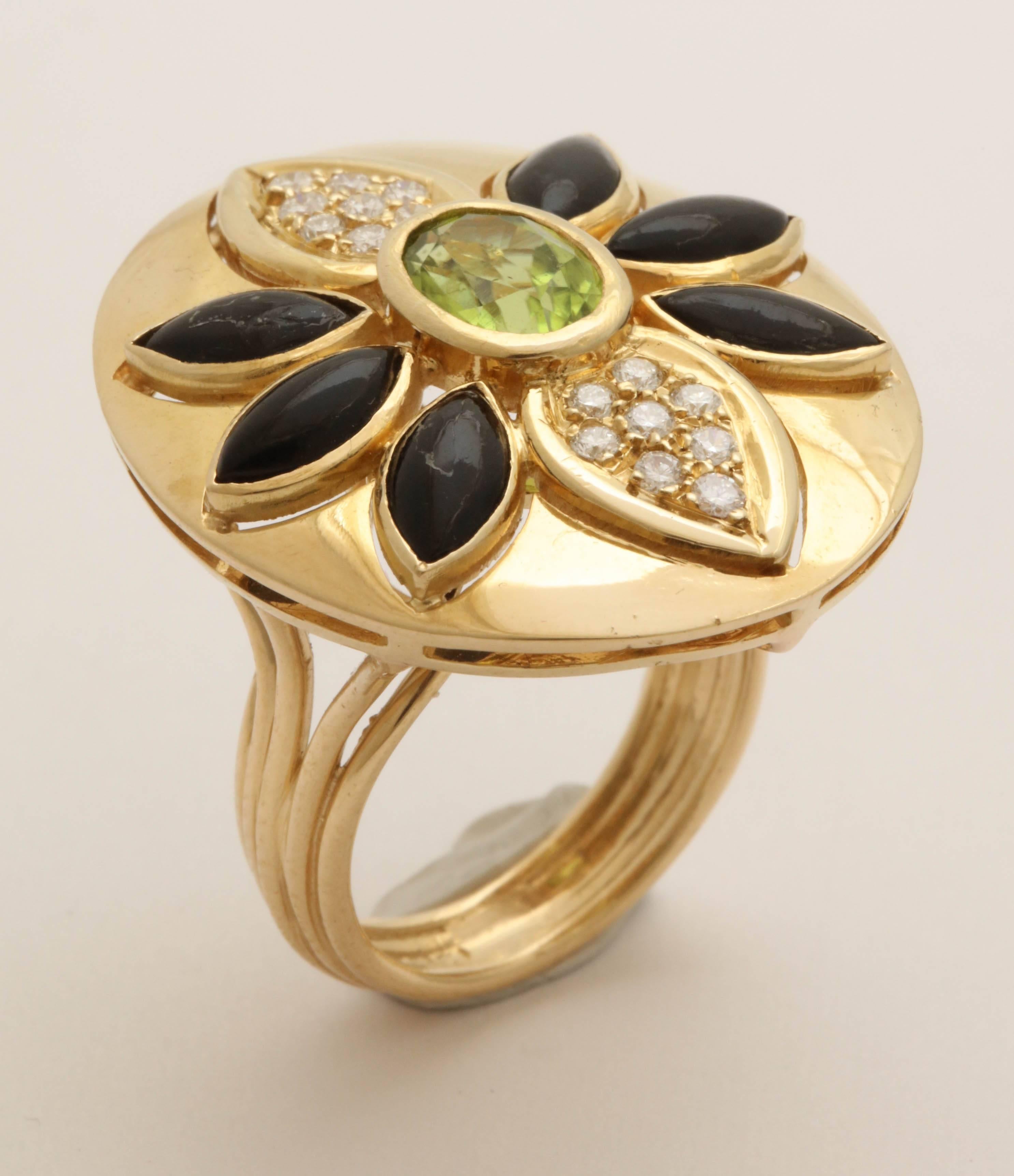 1960s Marquis Cut Onyx, Peridot with Diamonds Large Cocktail Gold Ring 1