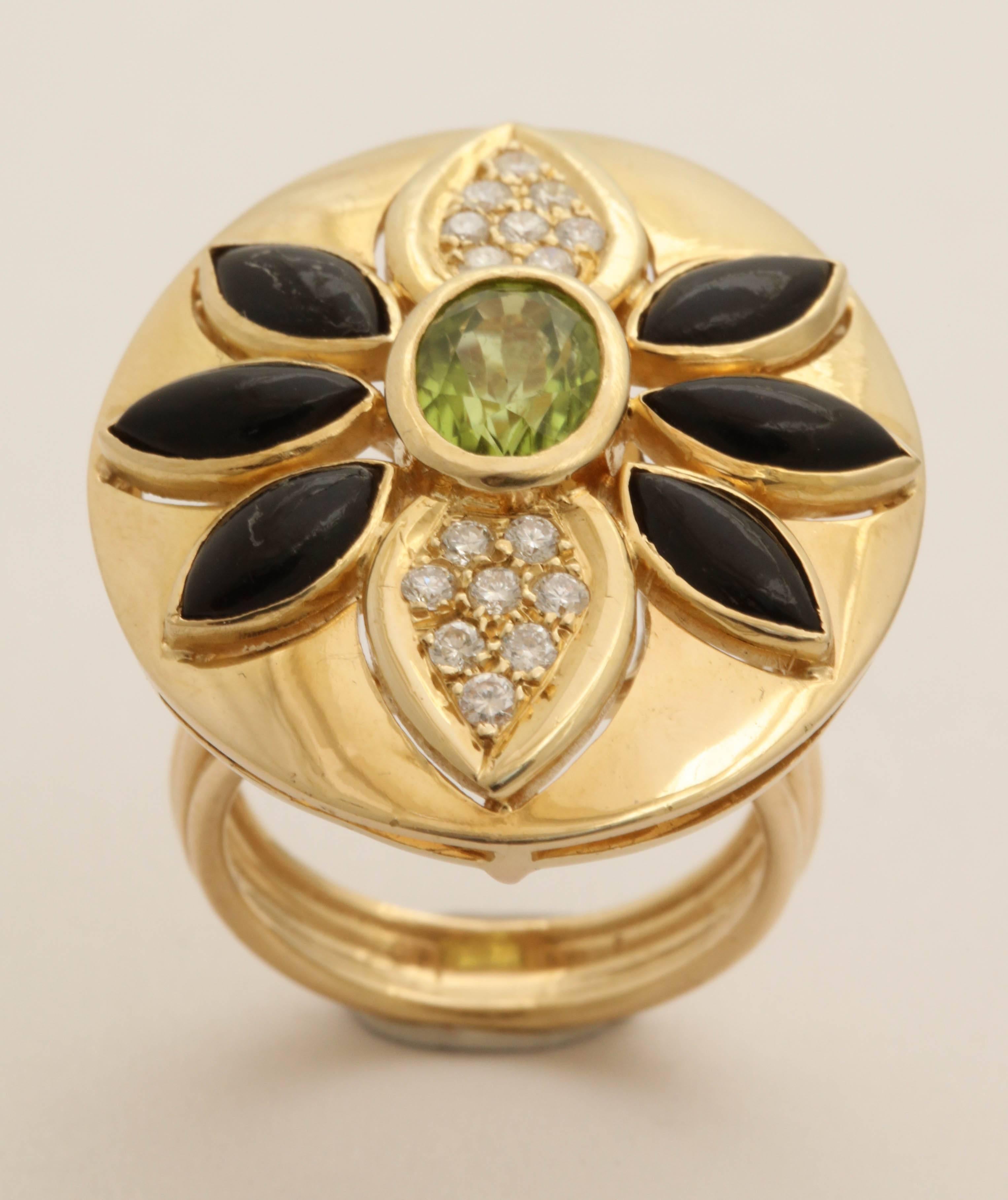 1960s Marquis Cut Onyx, Peridot with Diamonds Large Cocktail Gold Ring 2
