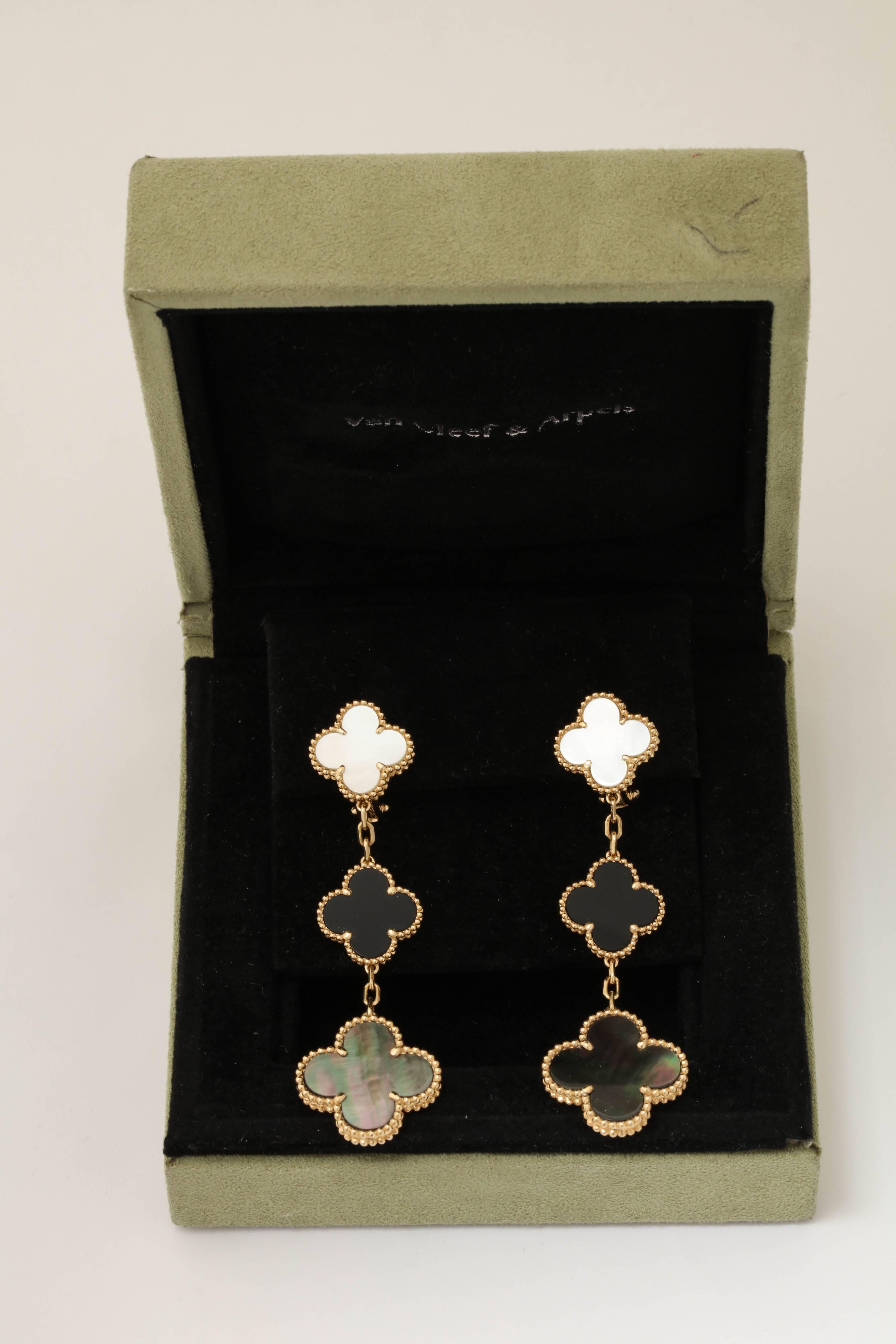 1990s Van Cleef & Arpels Onyx, Mother-of-Pearl Alhambra Gold Earrings In Excellent Condition In New York, NY