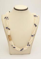 1950s Buccellati Five Strand Pearl and Lapis Lazuli Gold Barrel Clasp Necklace