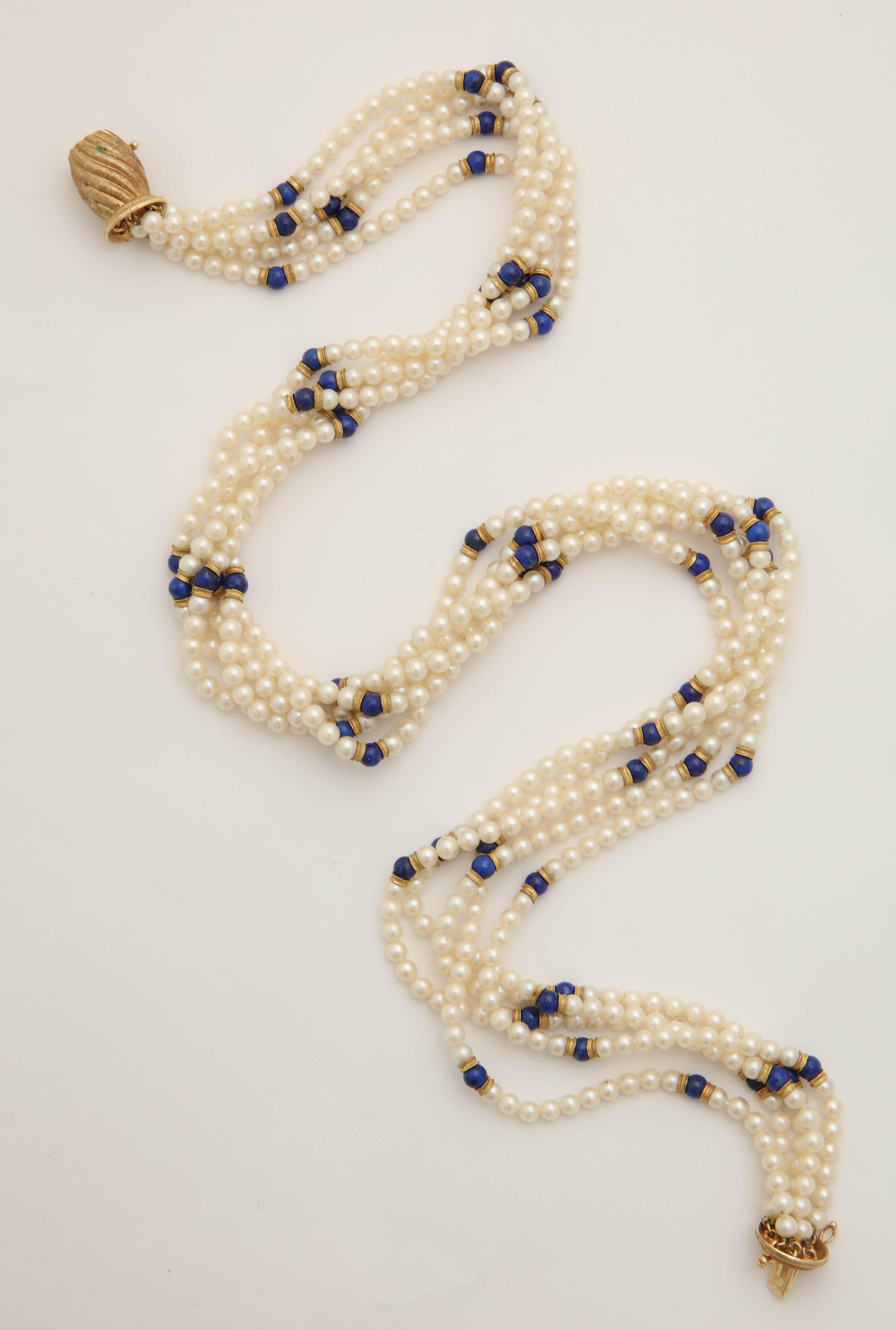 1950s Buccellati Five Strand Pearl and Lapis Lazuli Gold Barrel Clasp Necklace In Excellent Condition In New York, NY