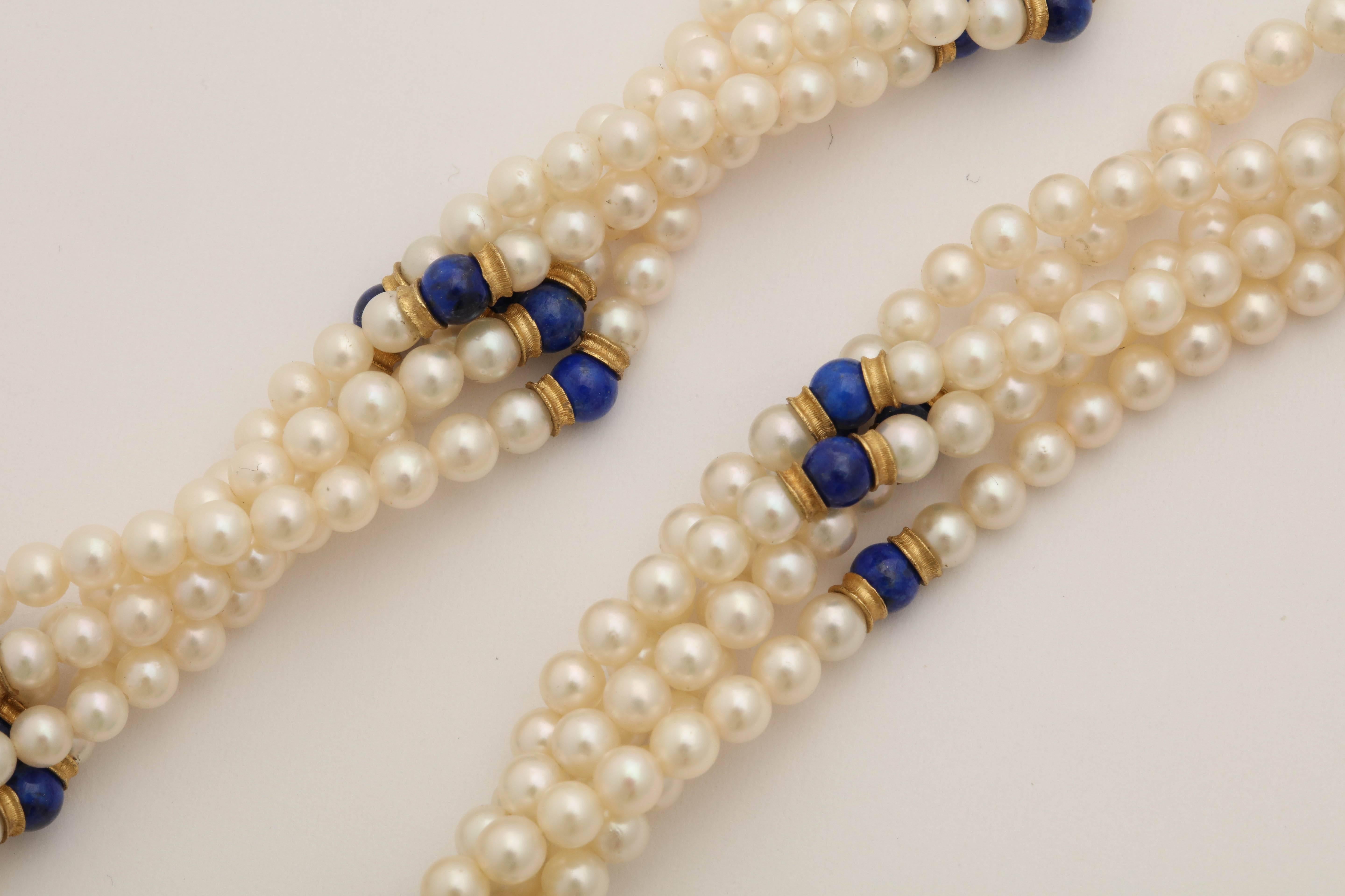 Women's 1950s Buccellati Five Strand Pearl and Lapis Lazuli Gold Barrel Clasp Necklace