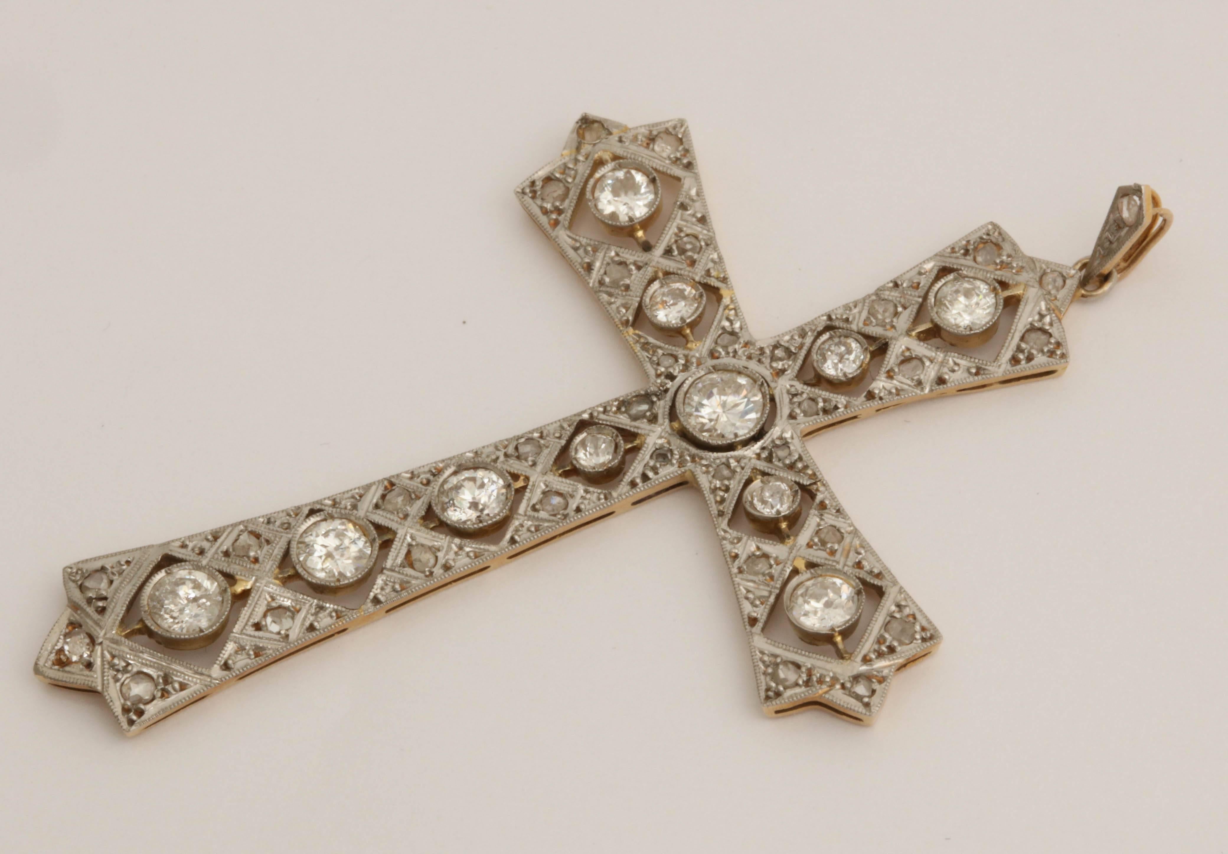 Women's Edwardian Antique Cut Diamond Cross Platinum Pendant with Diamond Bail