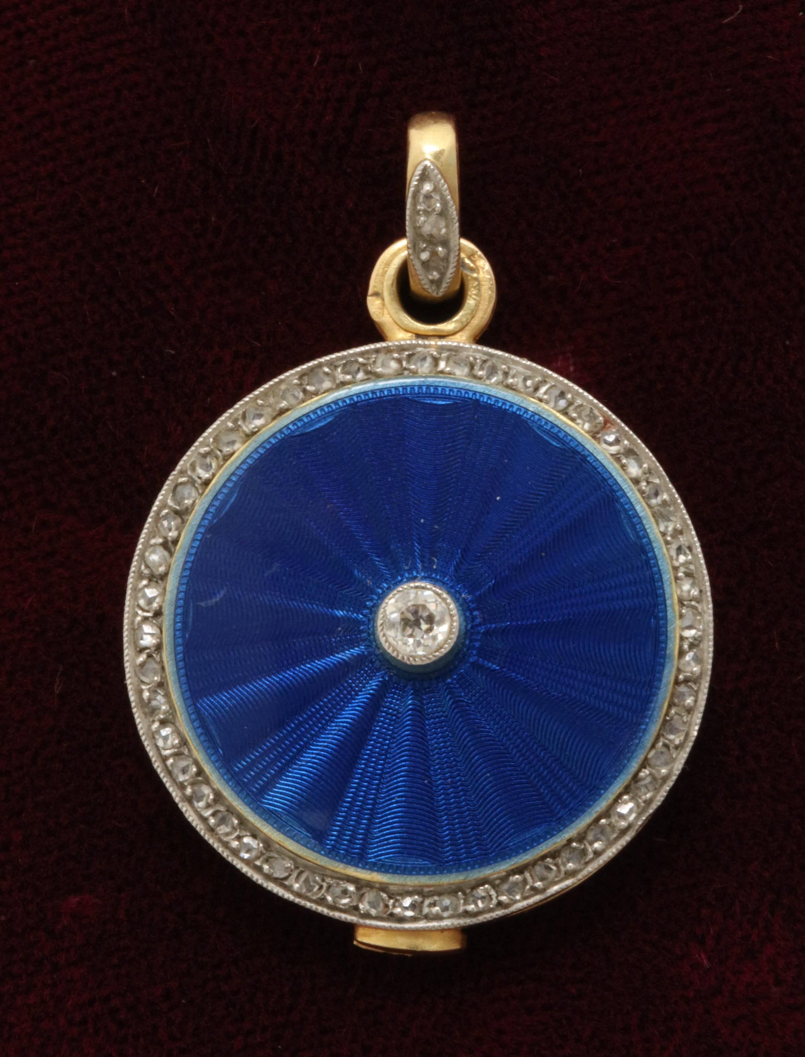 Women's Edwardian Guilloche Blue Enamel with Rose Diamonds Chic Gold Slide Locket