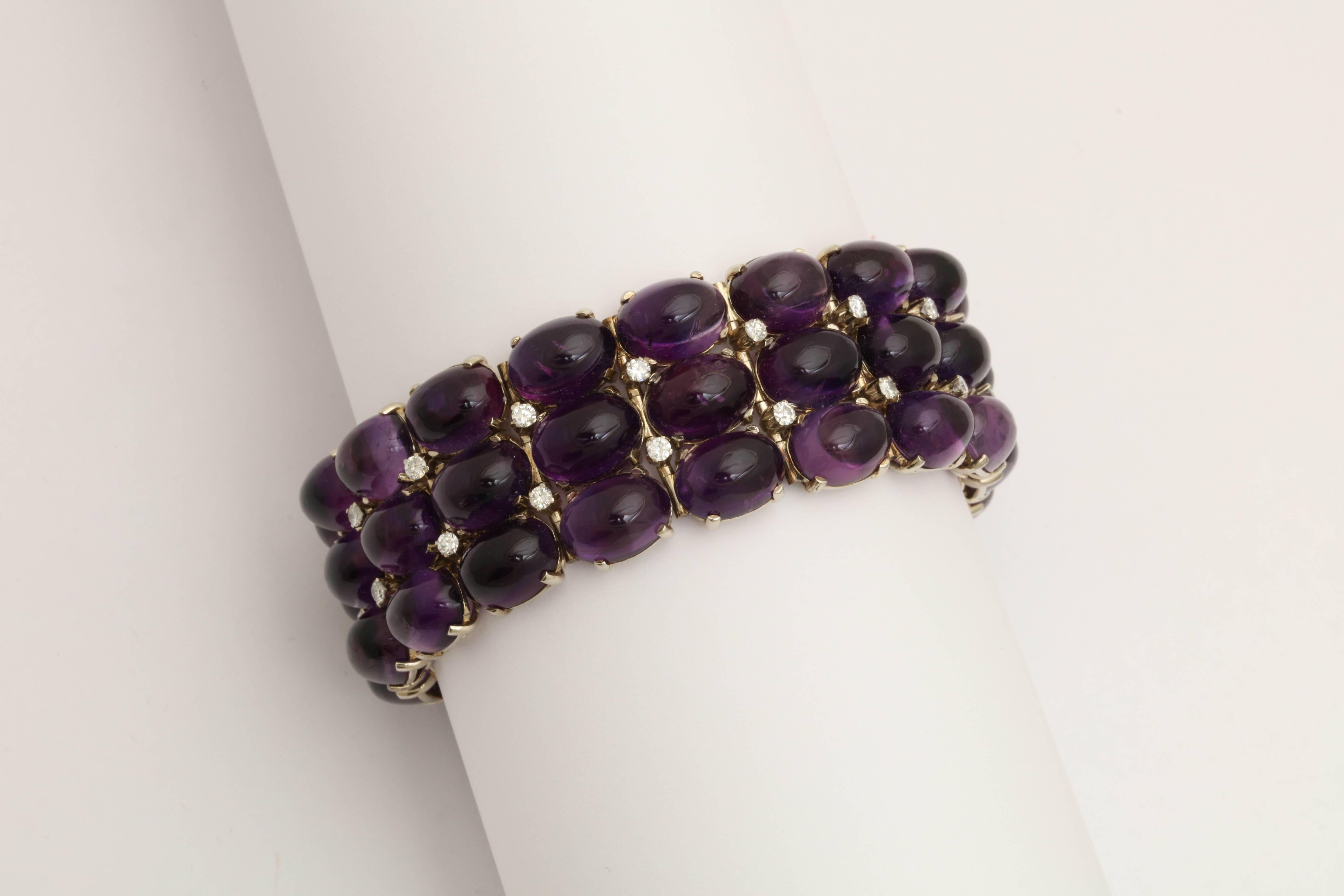 1960s Three-Row Cabochon Amethyst with Diamonds Flexible Gold Bracelet In Excellent Condition In New York, NY