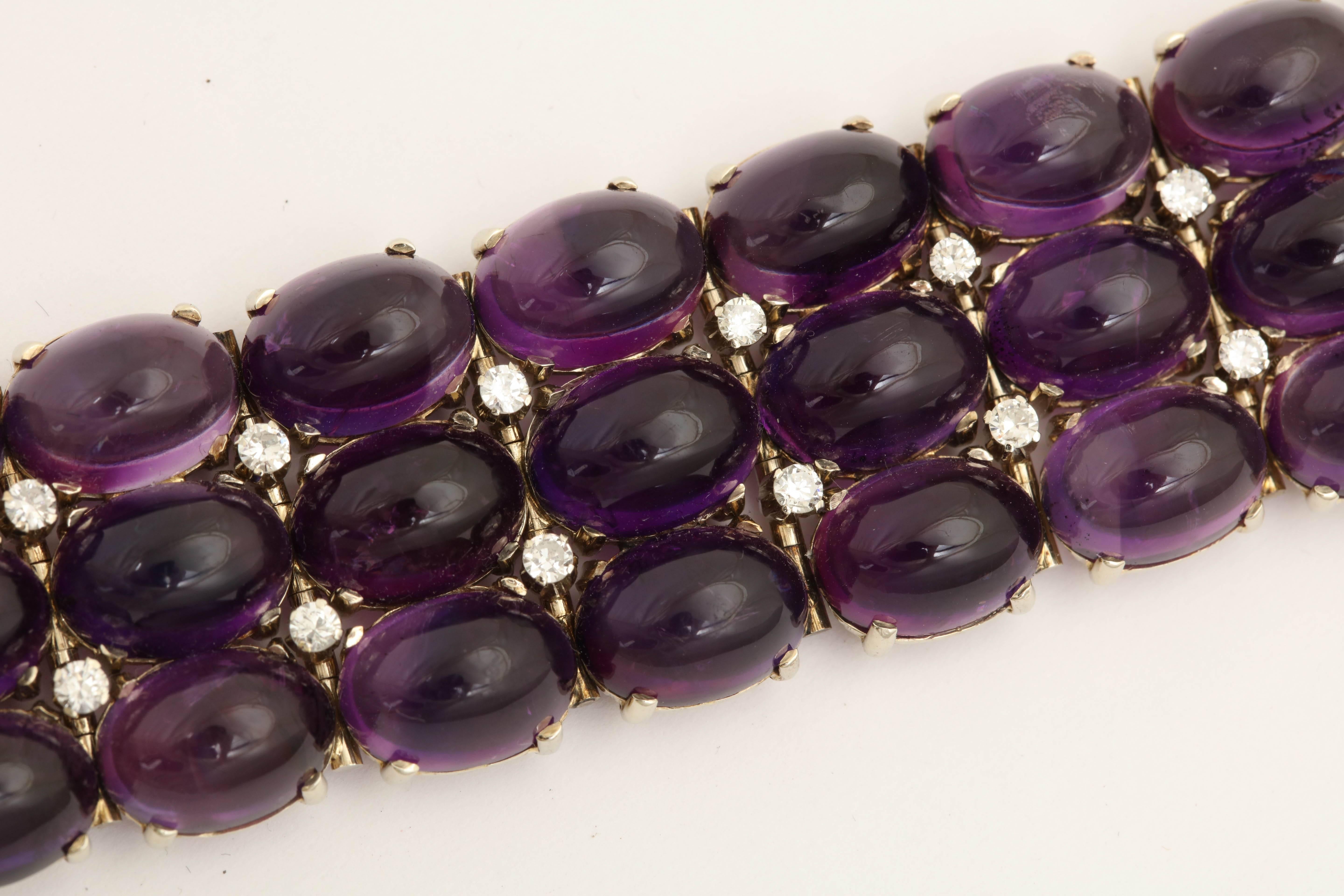 1960s Three-Row Cabochon Amethyst with Diamonds Flexible Gold Bracelet 1