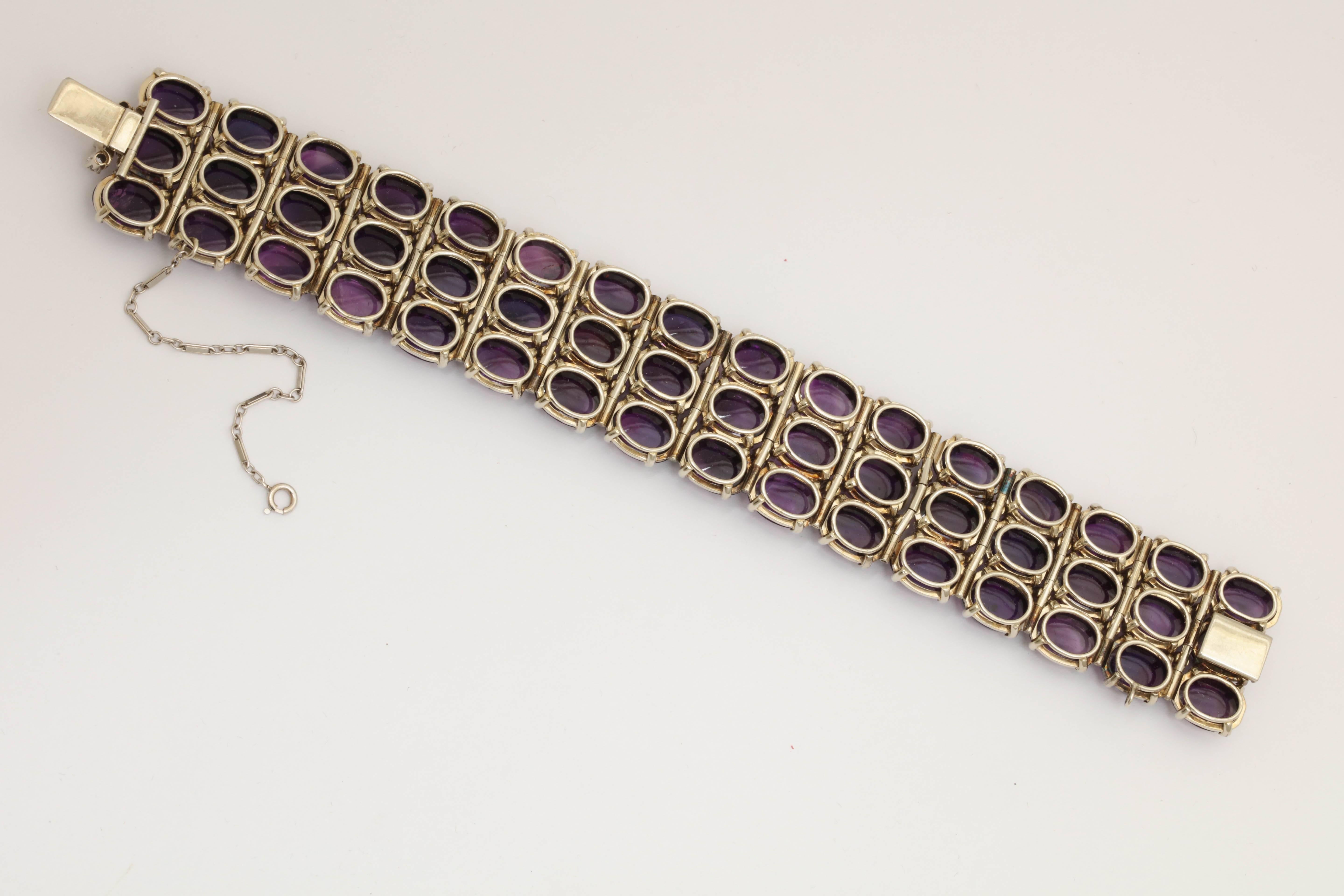 1960s Three-Row Cabochon Amethyst with Diamonds Flexible Gold Bracelet 2