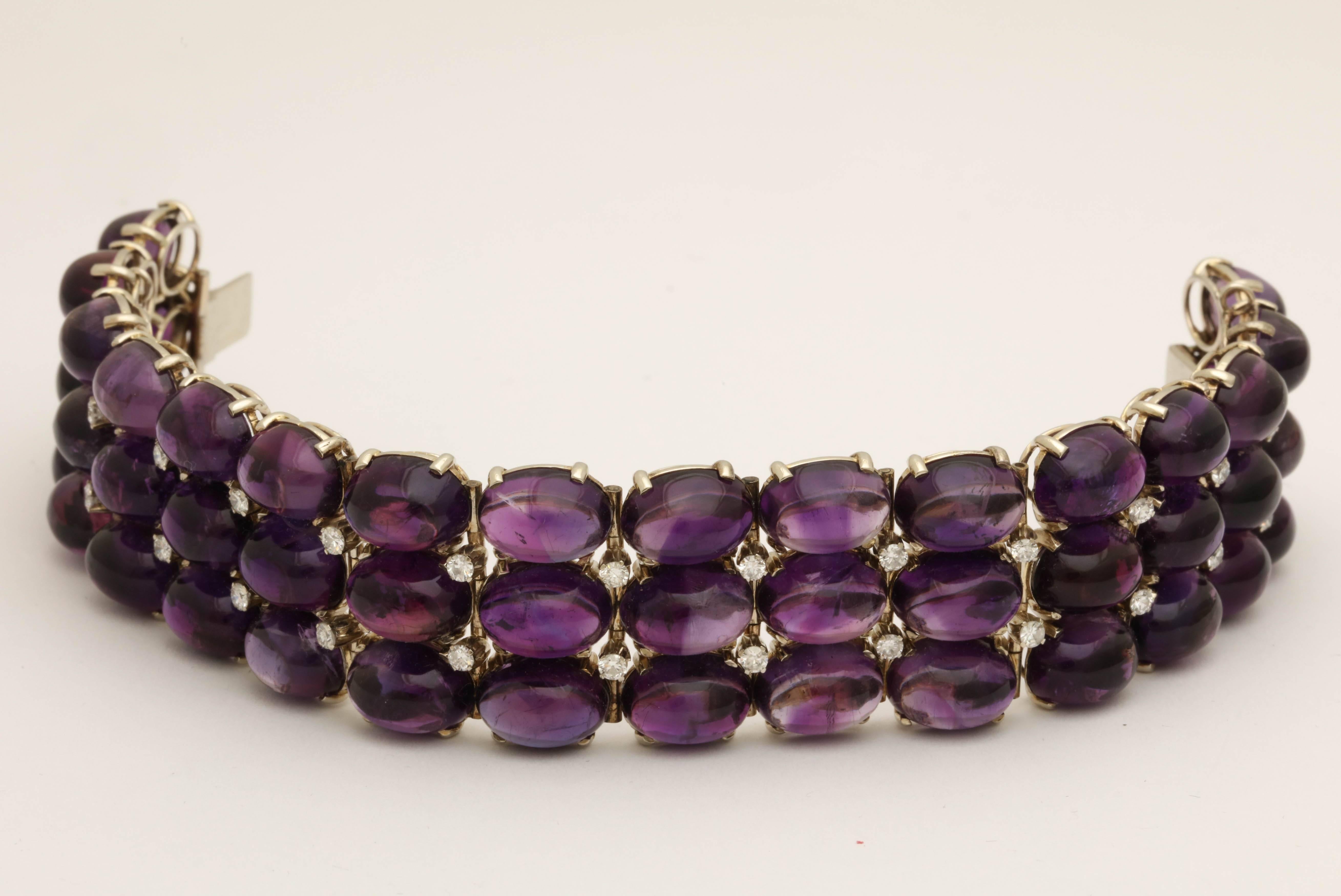 1960s Three-Row Cabochon Amethyst with Diamonds Flexible Gold Bracelet 5