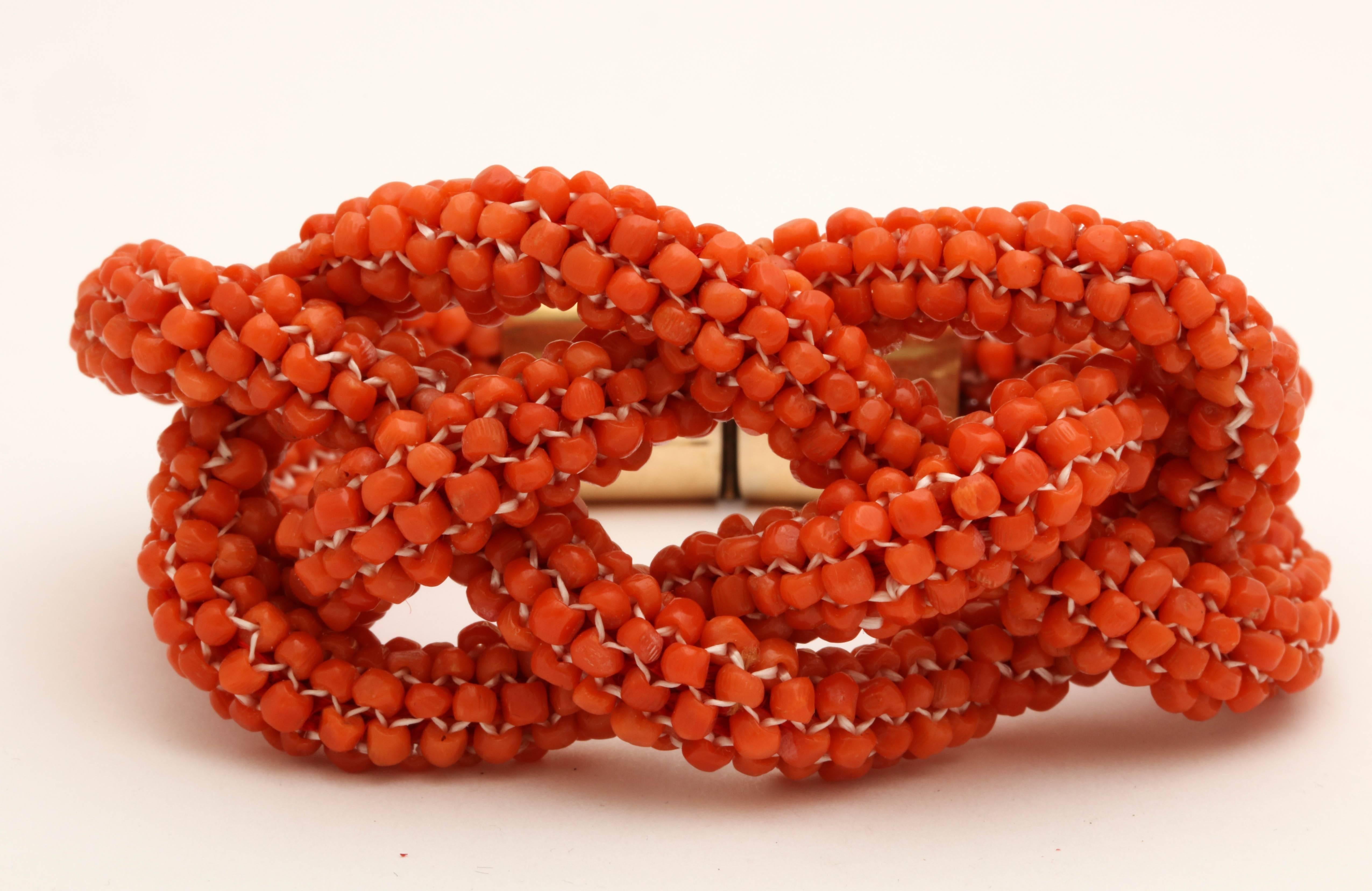 One Ladies Victorian 15ct Gold Hand Made Bracelet Composed Of Numerous Beautiful Color Coral Beads To Form A Flexible Lover,s Knot Design. Made In England In The 1880's.