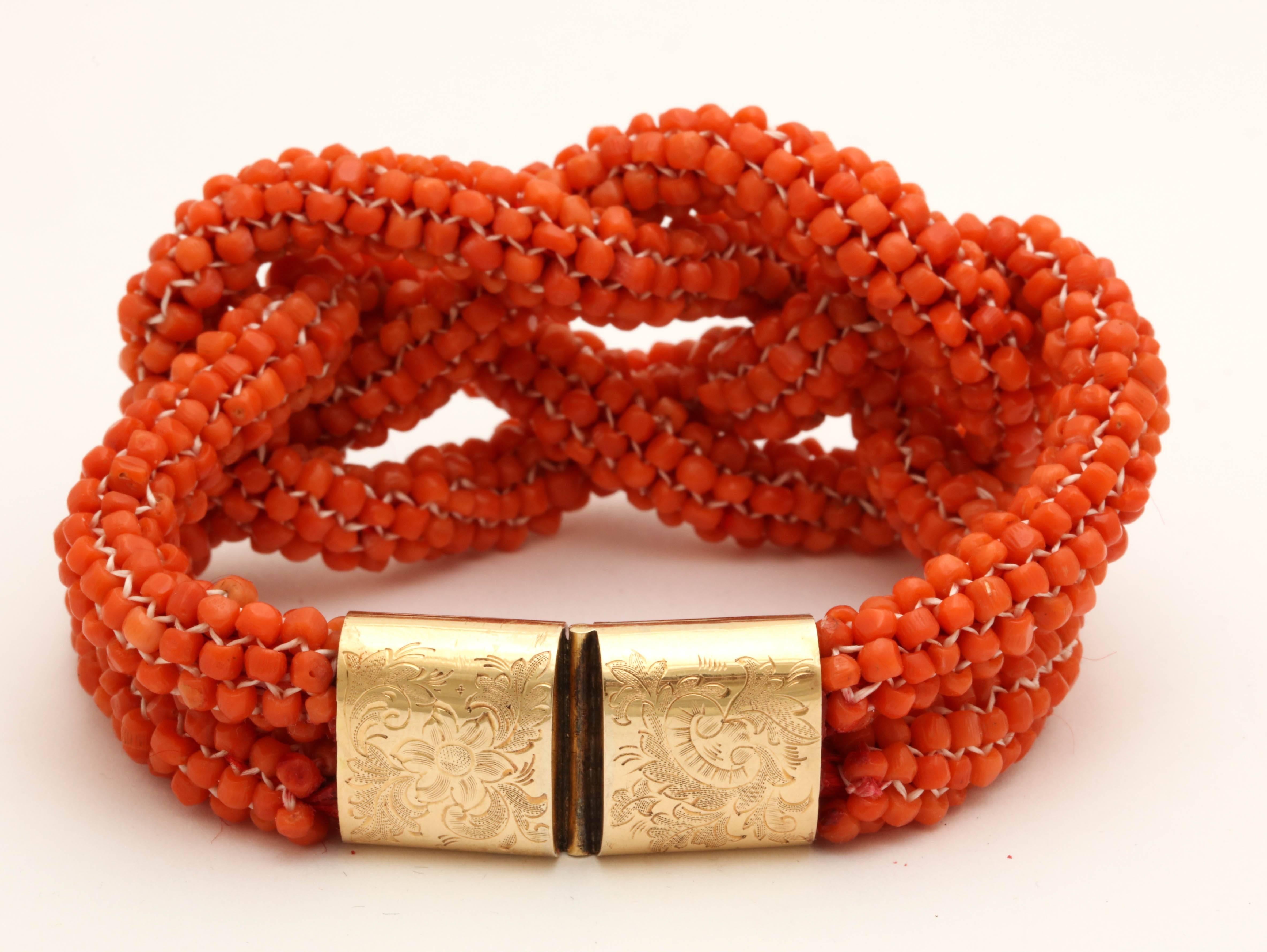 1880s Handmade Lovers Knot Coral Bead and Engraved Gold Clasp Bracelet 1