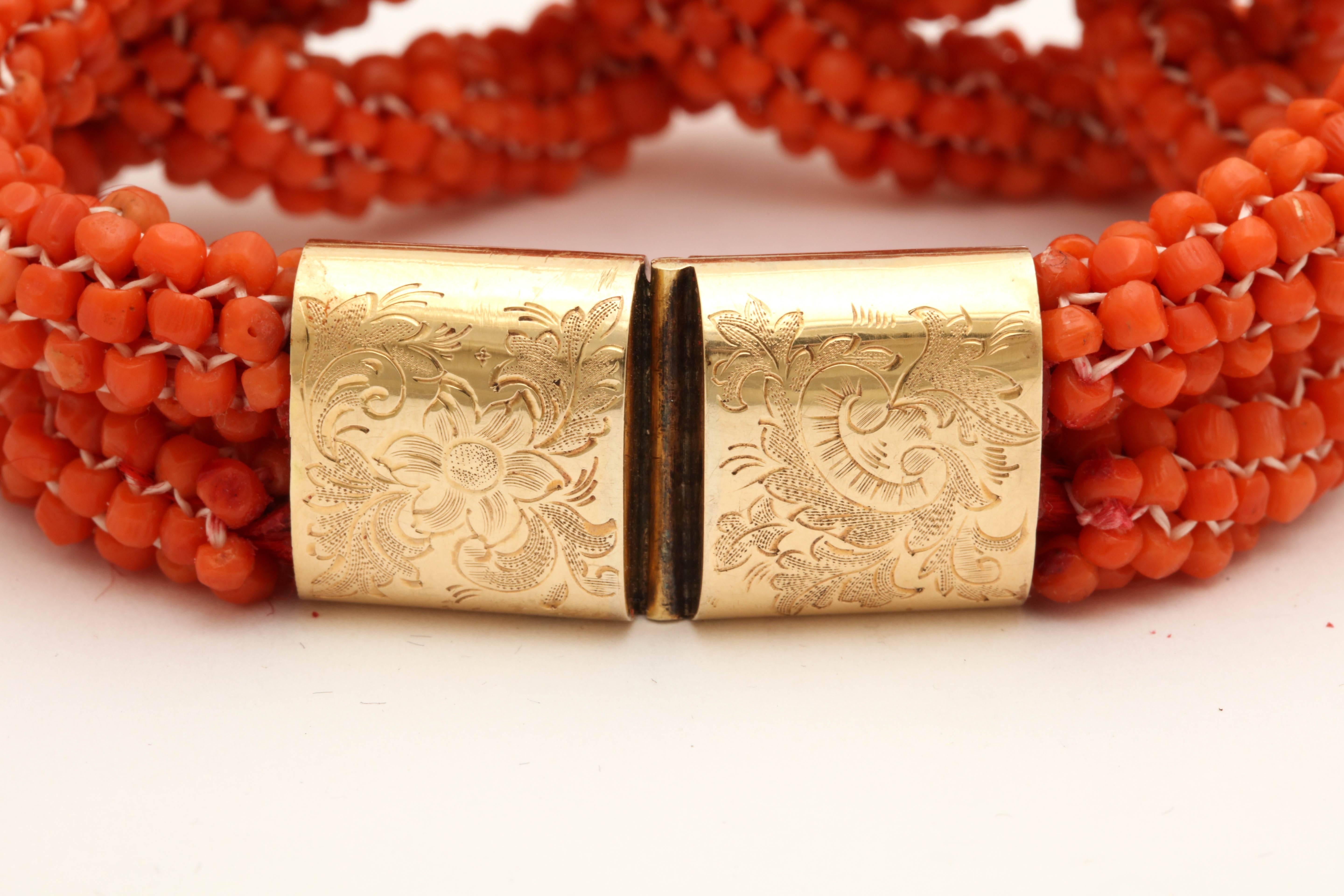 1880s Handmade Lovers Knot Coral Bead and Engraved Gold Clasp Bracelet 2