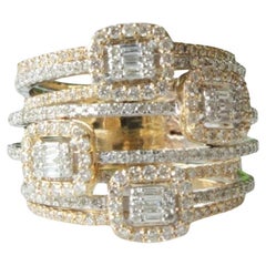 Cocktail Baguette Natural Diamond Halo Ring in 14K Solid Gold (Certified)