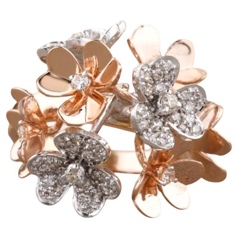 Flower Bunch Dual Tone Natural Diamond Ring in 14K Solid Gold (Certified)