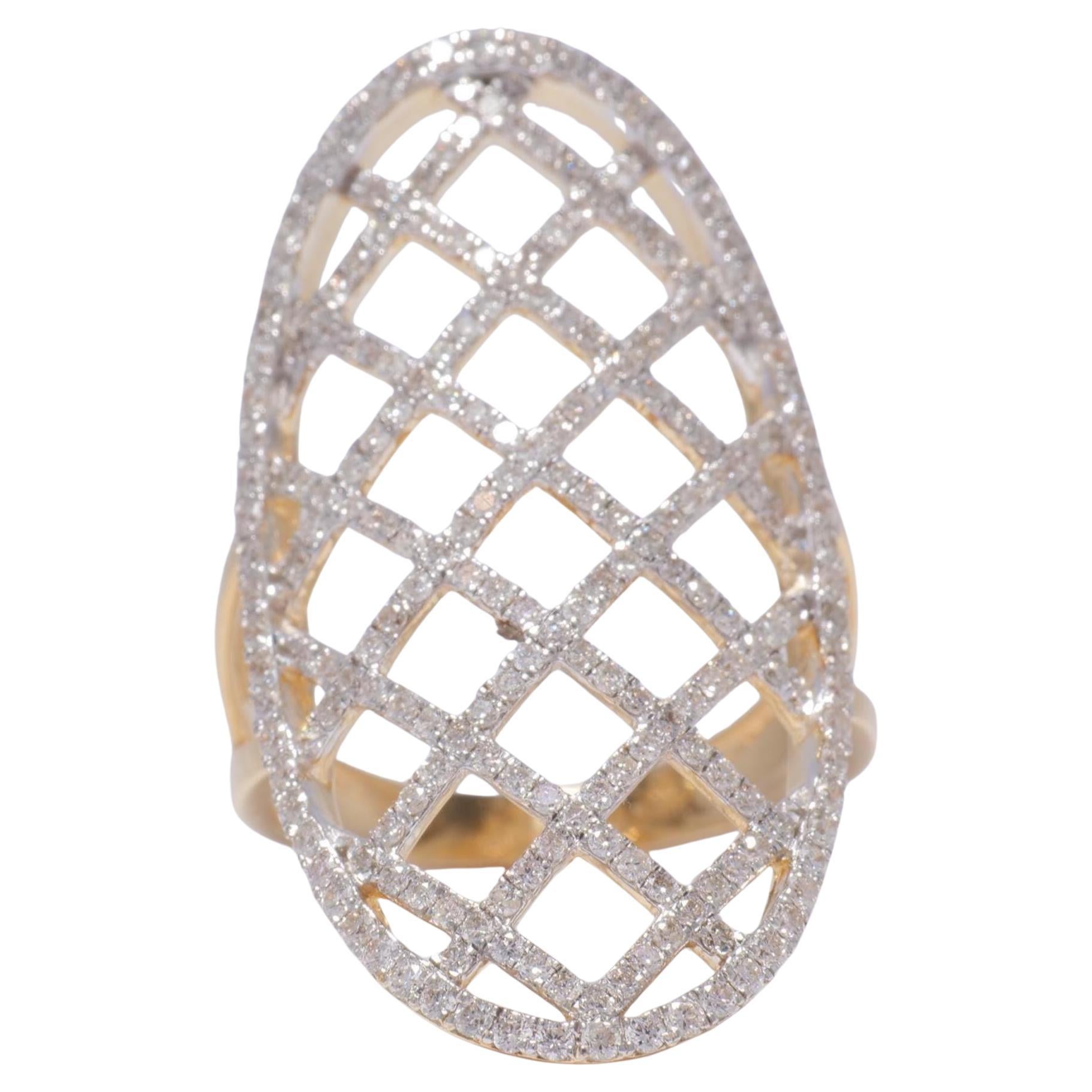Bague d
affirmation en or massif 14 carats avec diamants ovales en maille (certifiée)
