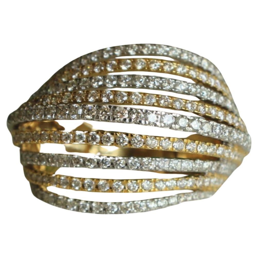 Natural Diamond Wave Lines Broad Band Ring in 14K Solid Gold (Certified) For Sale