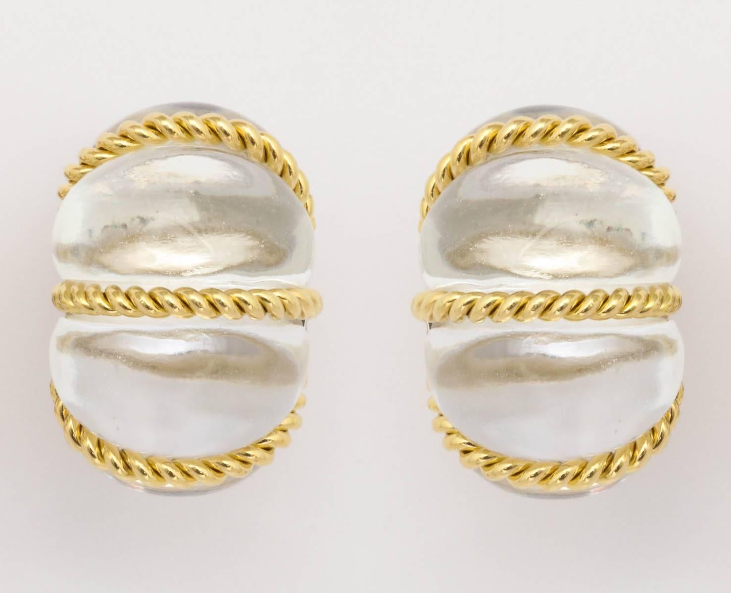 Cabochon rock Crystal Gold shrimp design earrings  For Sale