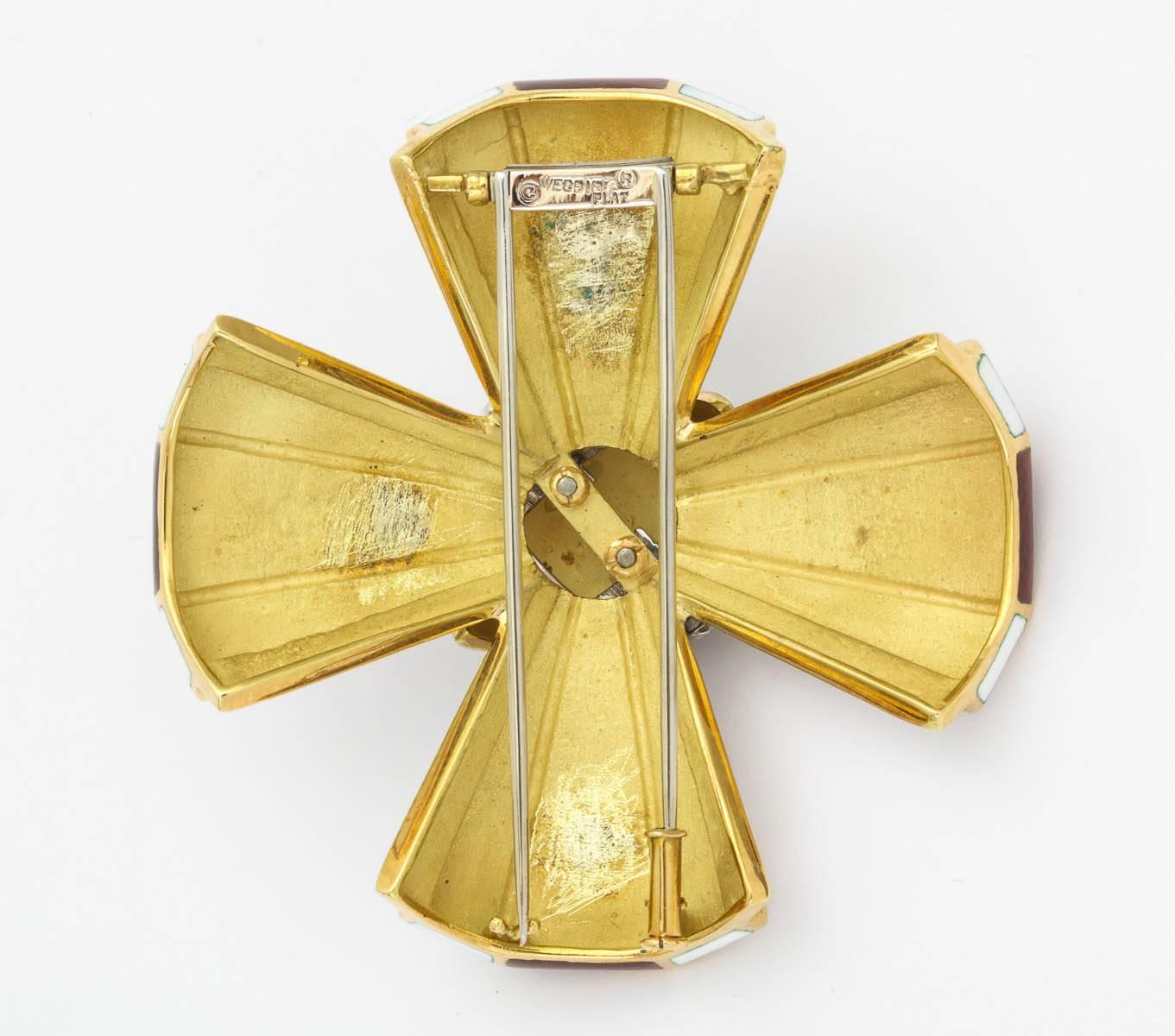 18k yellow gold burgundy and ivory enamel Maltese cross design brooch with white coral and diamond center  attributed to David Webb