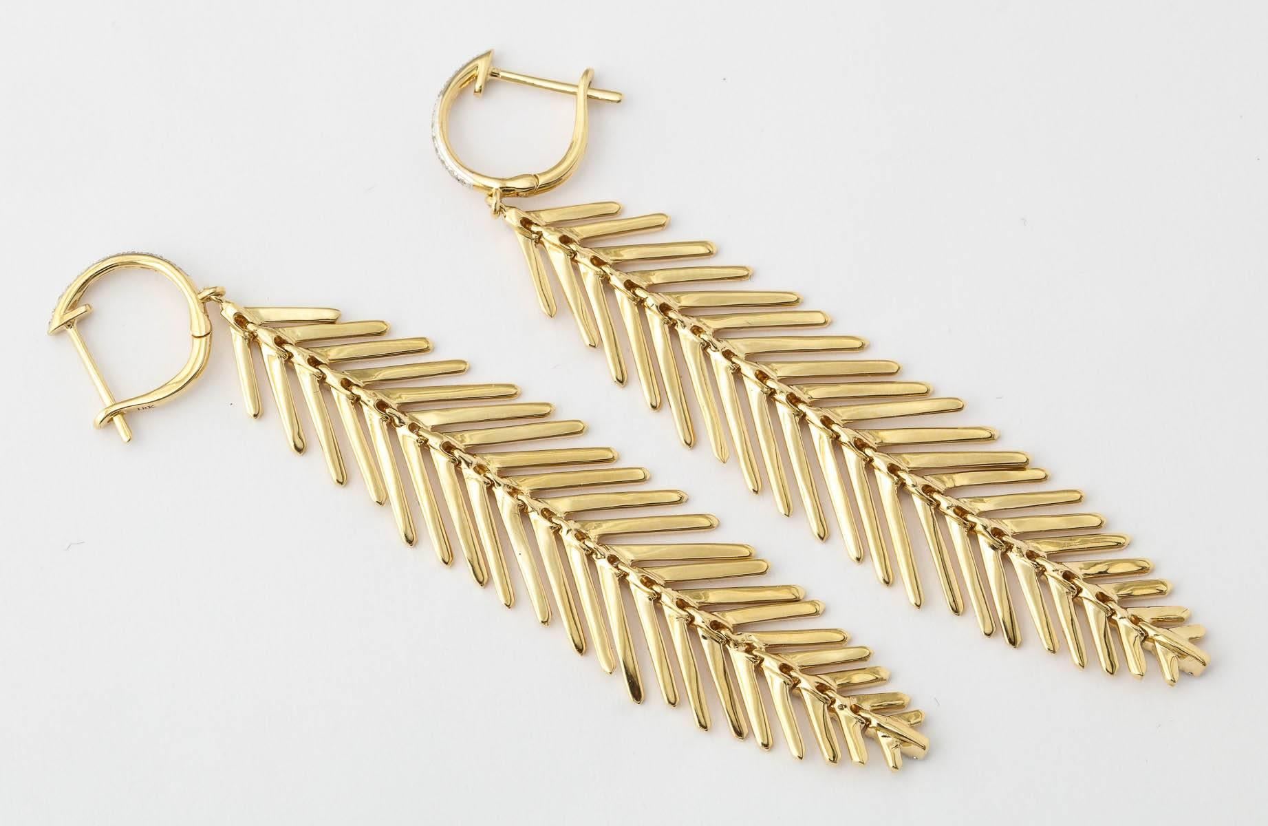 Contemporary Diamond Gold Flexible Feather Earrings