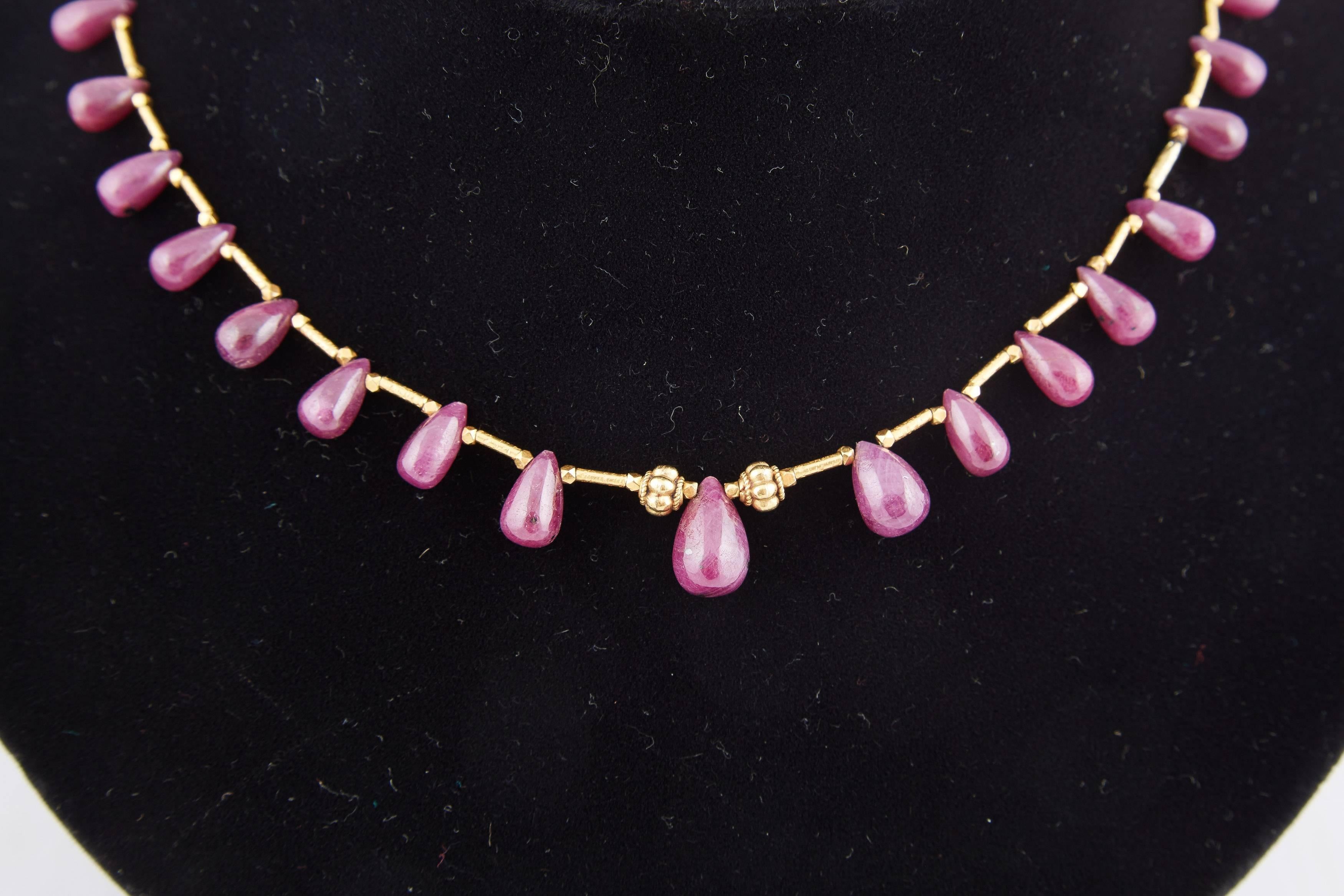 Etruscan Revival Ruby Drop High-karat Gold Fringe Designer Necklace For Sale