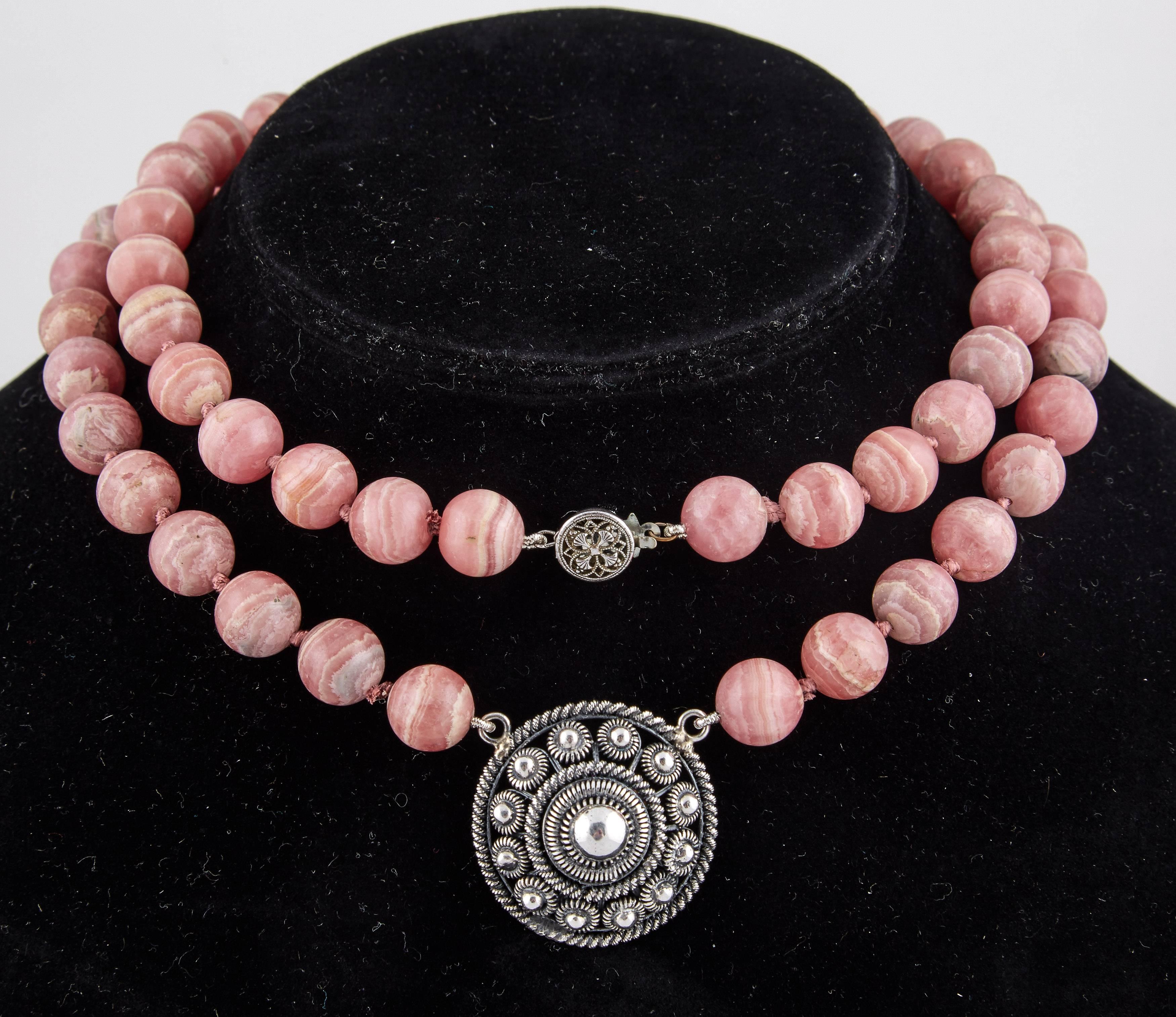 Women's or Men's Rhodochrosite Beaded Necklace with Silver Rondelle Pendant, 20th century For Sale