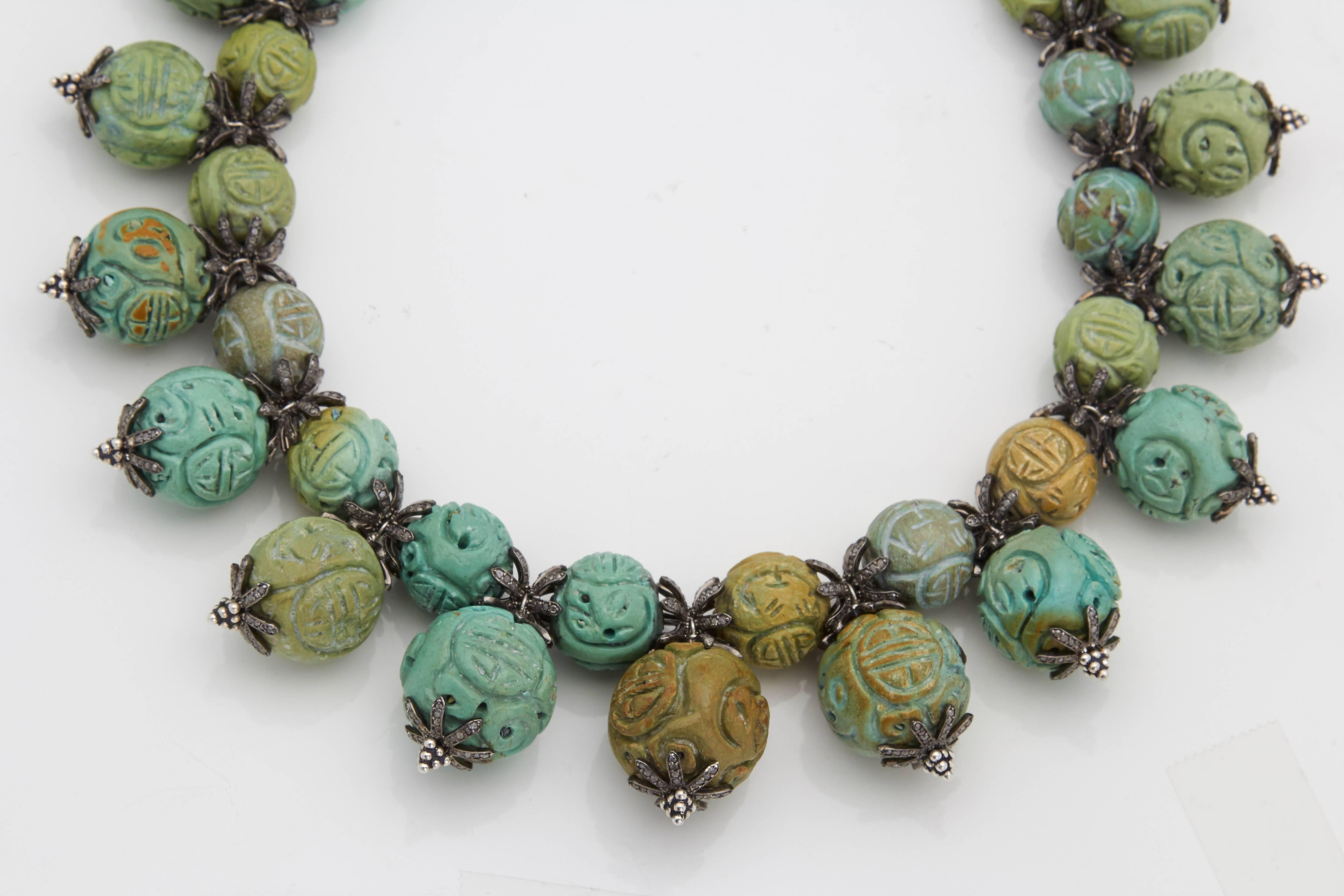Carved Turquoise Diamond Collar Necklace In New Condition For Sale In Fifth Avenue, NY