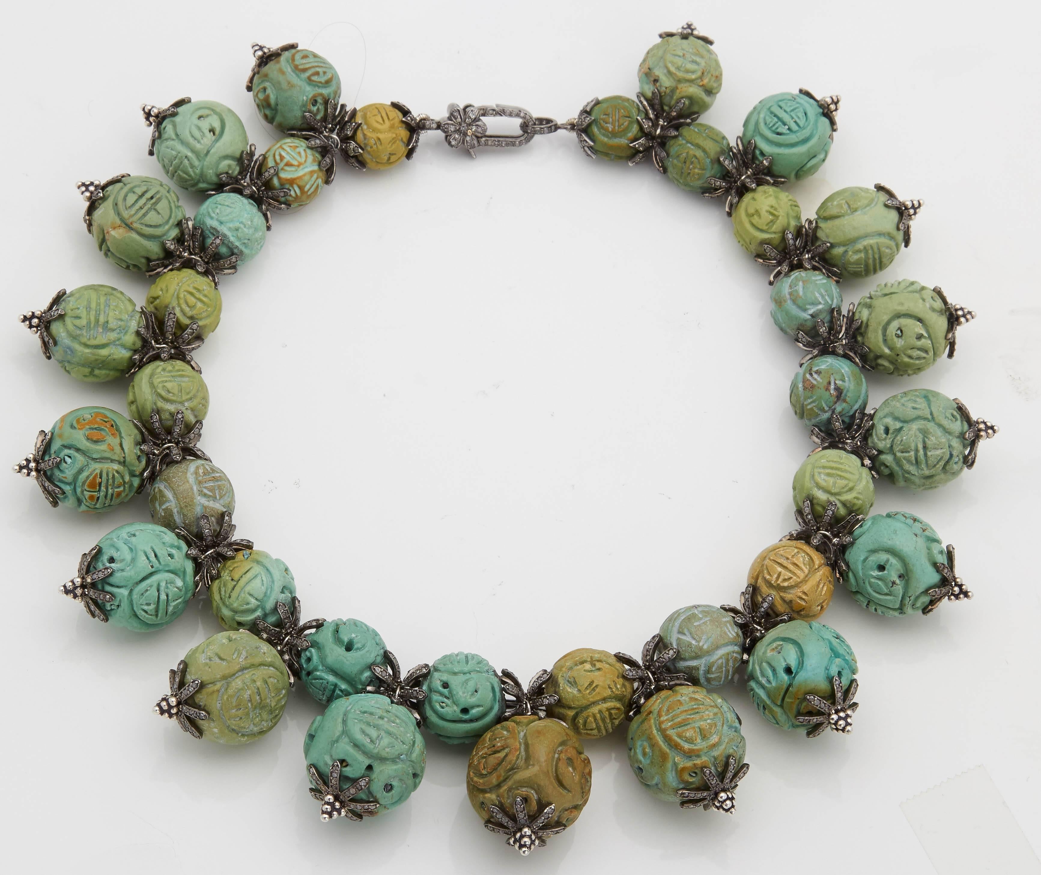Women's Carved Turquoise Diamond Collar Necklace For Sale