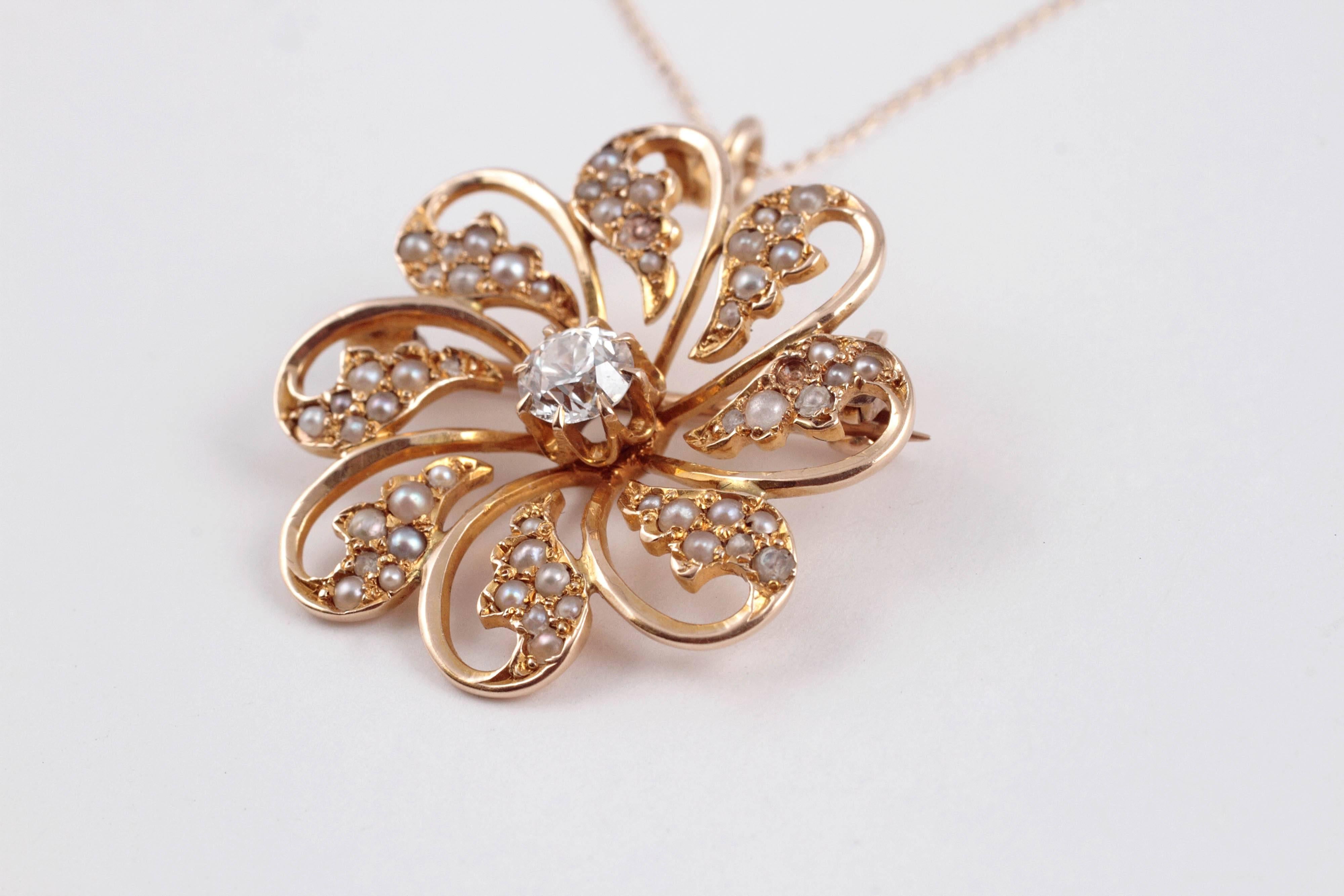 Old European Cut Edwardian .50 Carat Diamond and Seed Pearl Flower Necklace in Yellow Gold