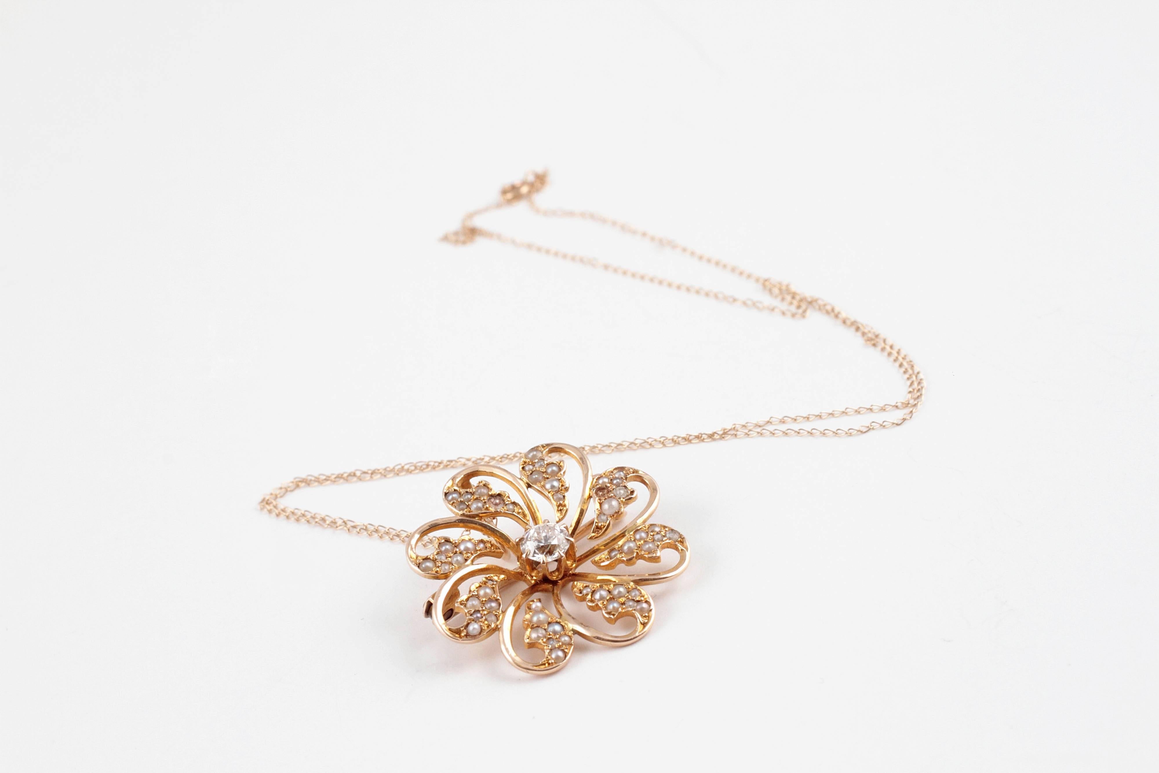 Edwardian .50 Carat Diamond and Seed Pearl Flower Necklace in Yellow Gold 2