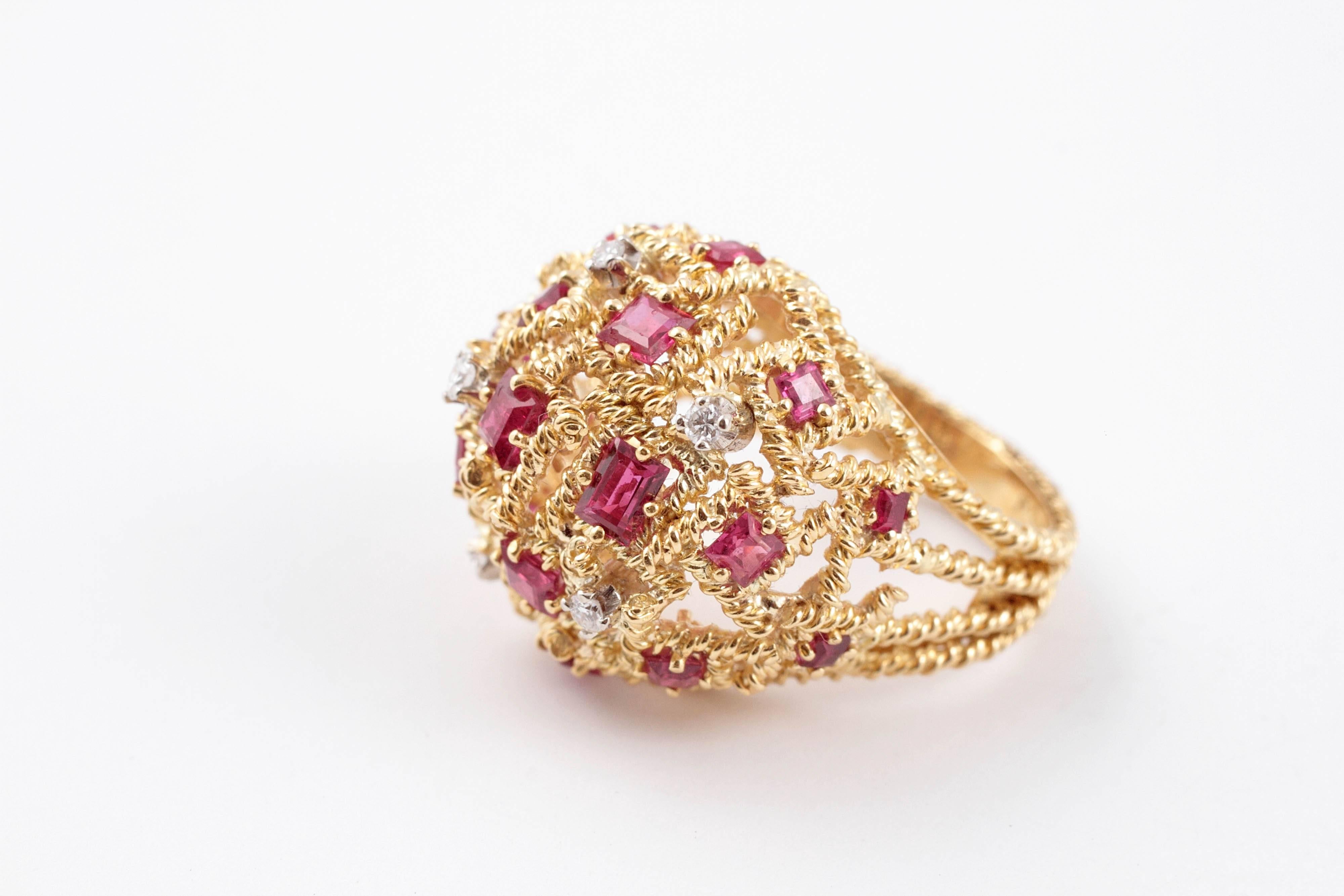 Talk about a statement!  Stunning Italian ruby and diamond ring, in two tone 18 karat yellow and white gold, size 8 1/4.   