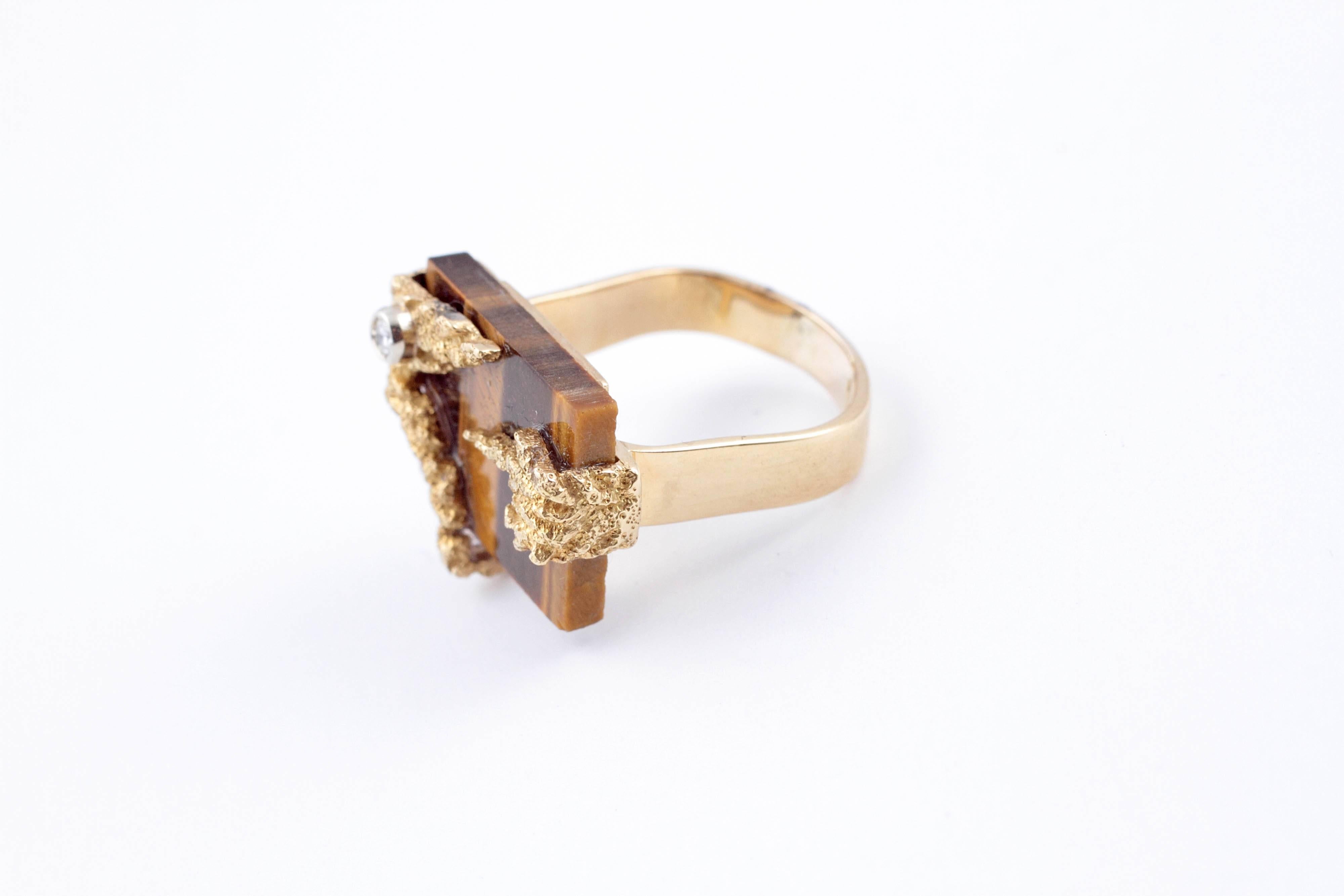 Tigers Eye Diamond Yellow Gold Ring In Good Condition In Dallas, TX