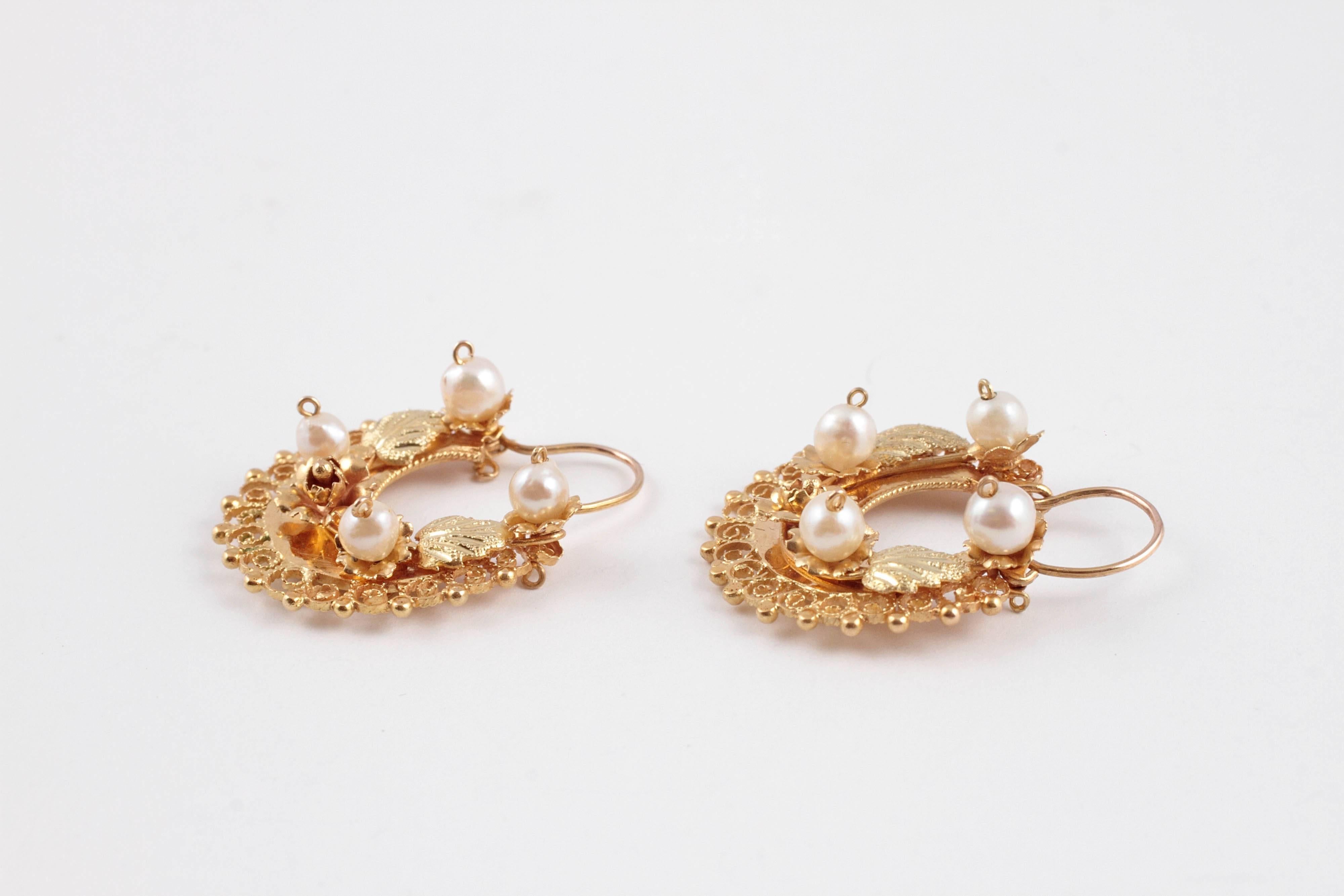 Women's Pearl Half Hoop Earrings in 14 Karat Yellow Gold