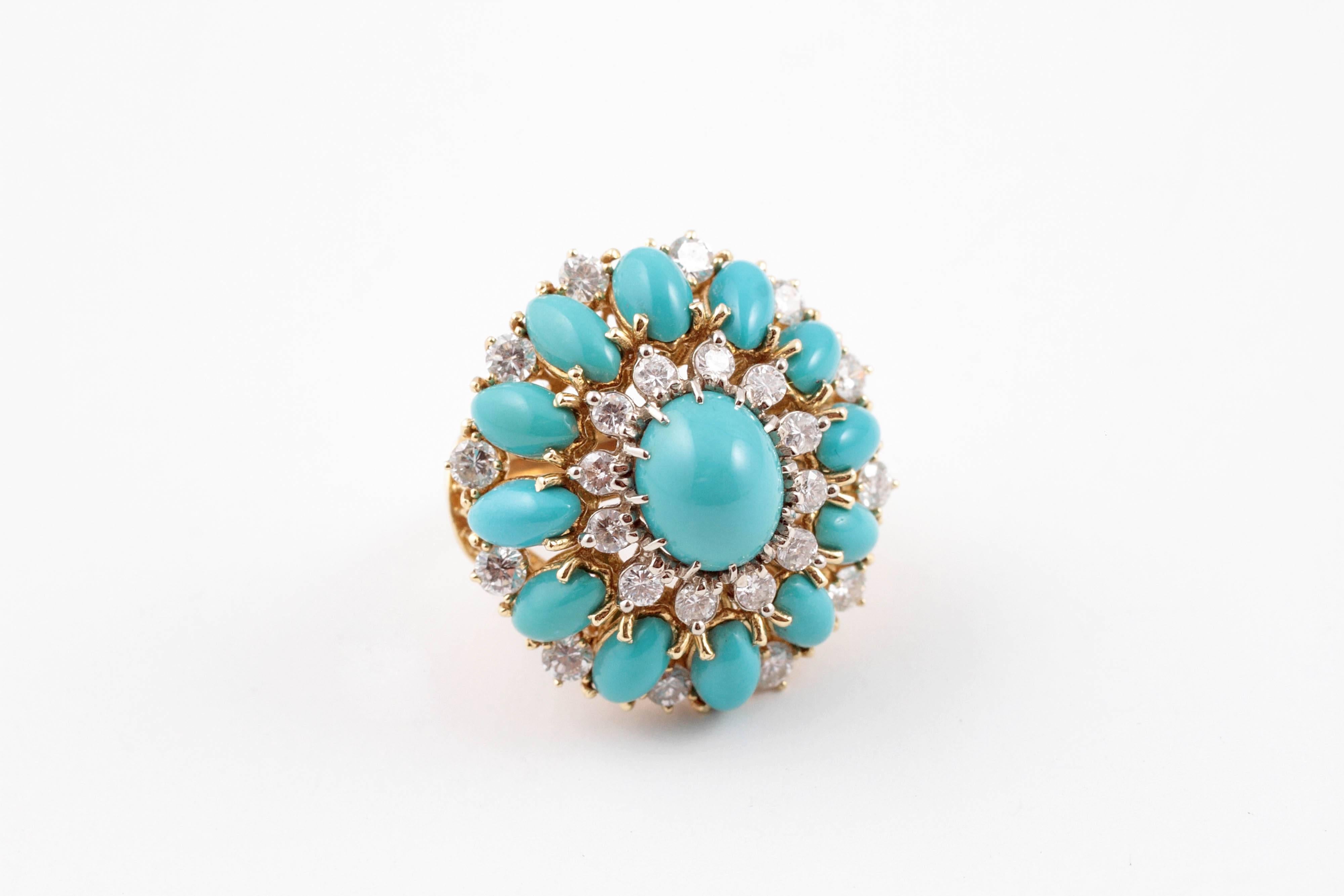 Cabochon Natural Turquoise Diamond Yellow gold Ring