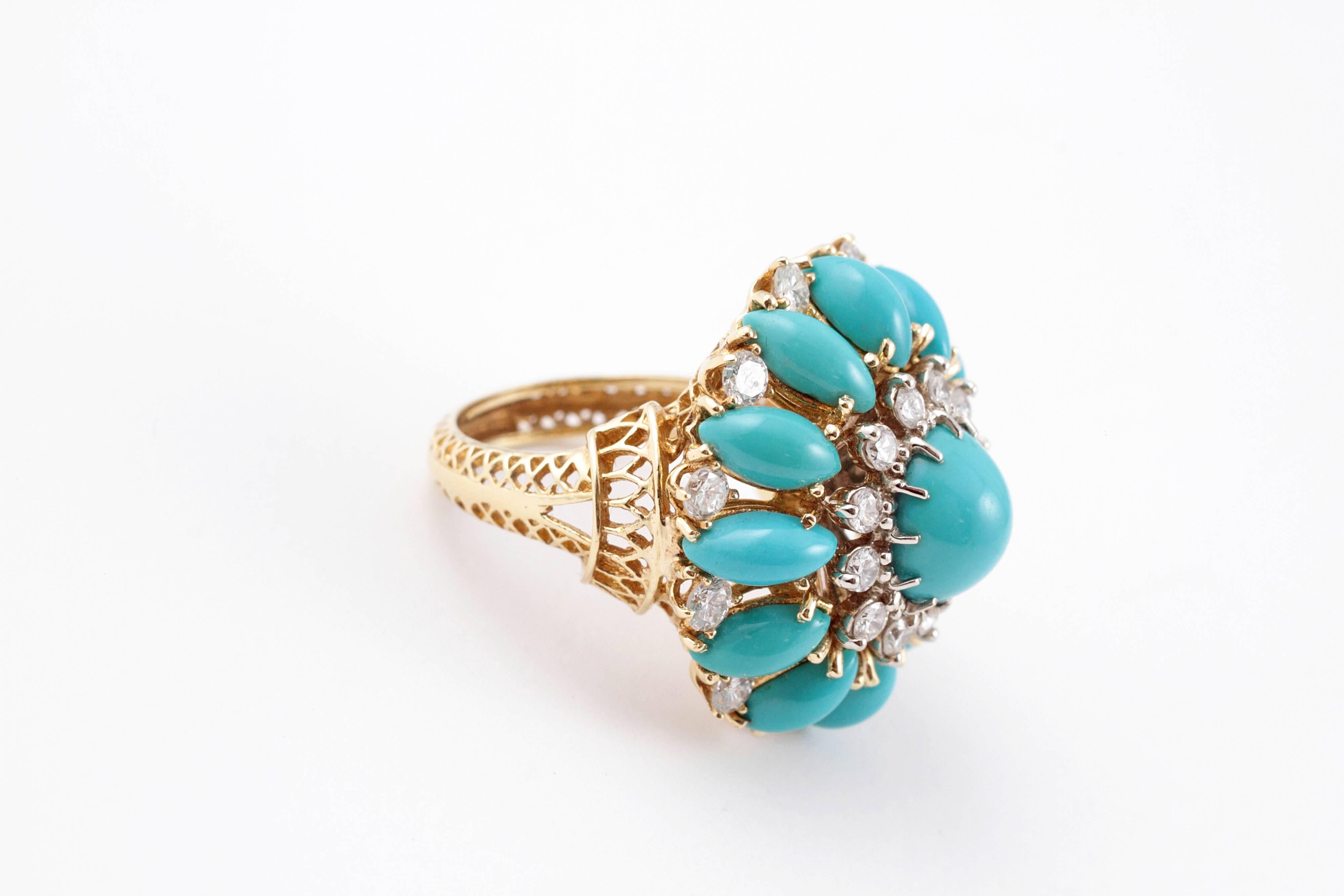 Natural Turquoise Diamond Yellow gold Ring In Excellent Condition In Dallas, TX
