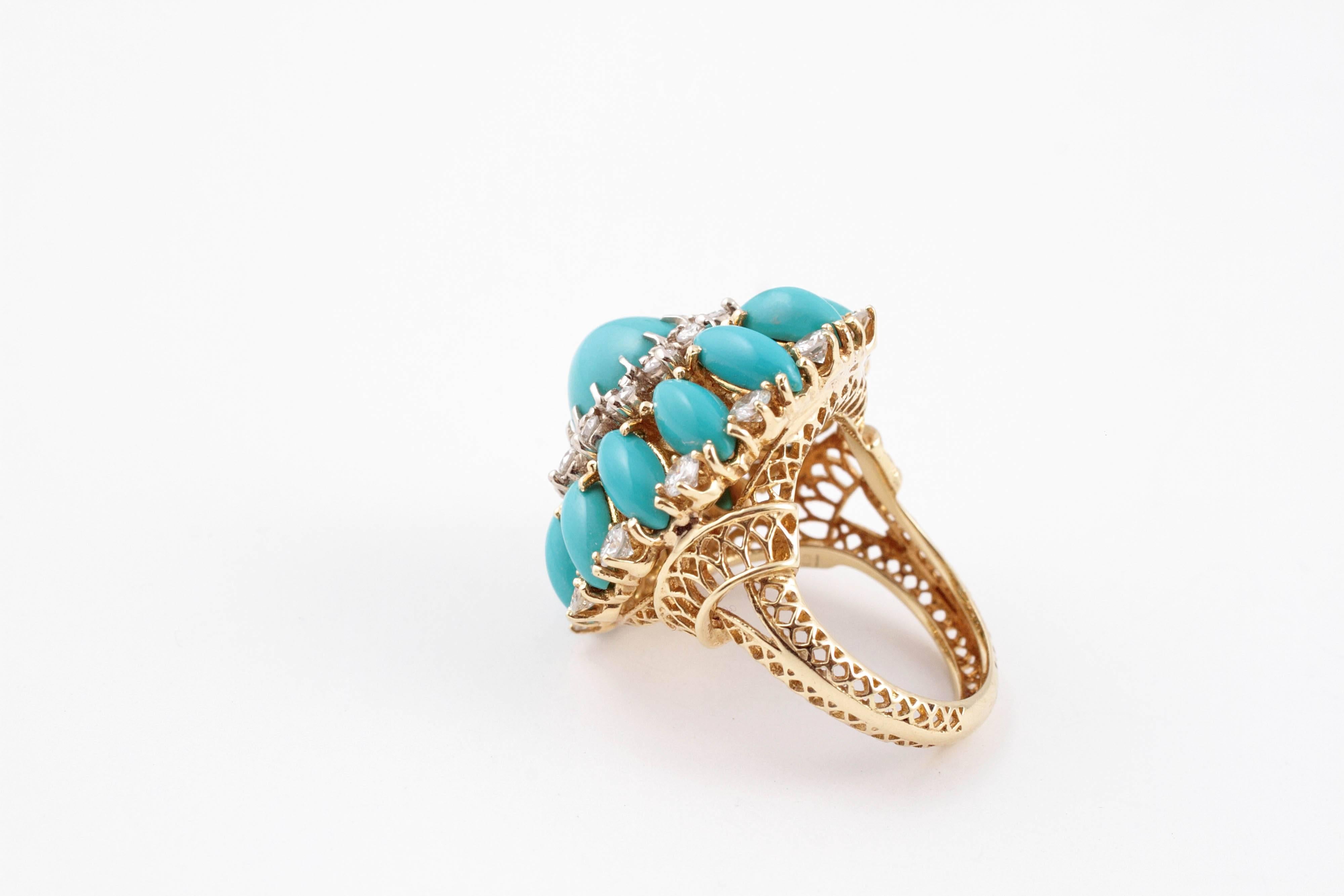 Women's Natural Turquoise Diamond Yellow gold Ring