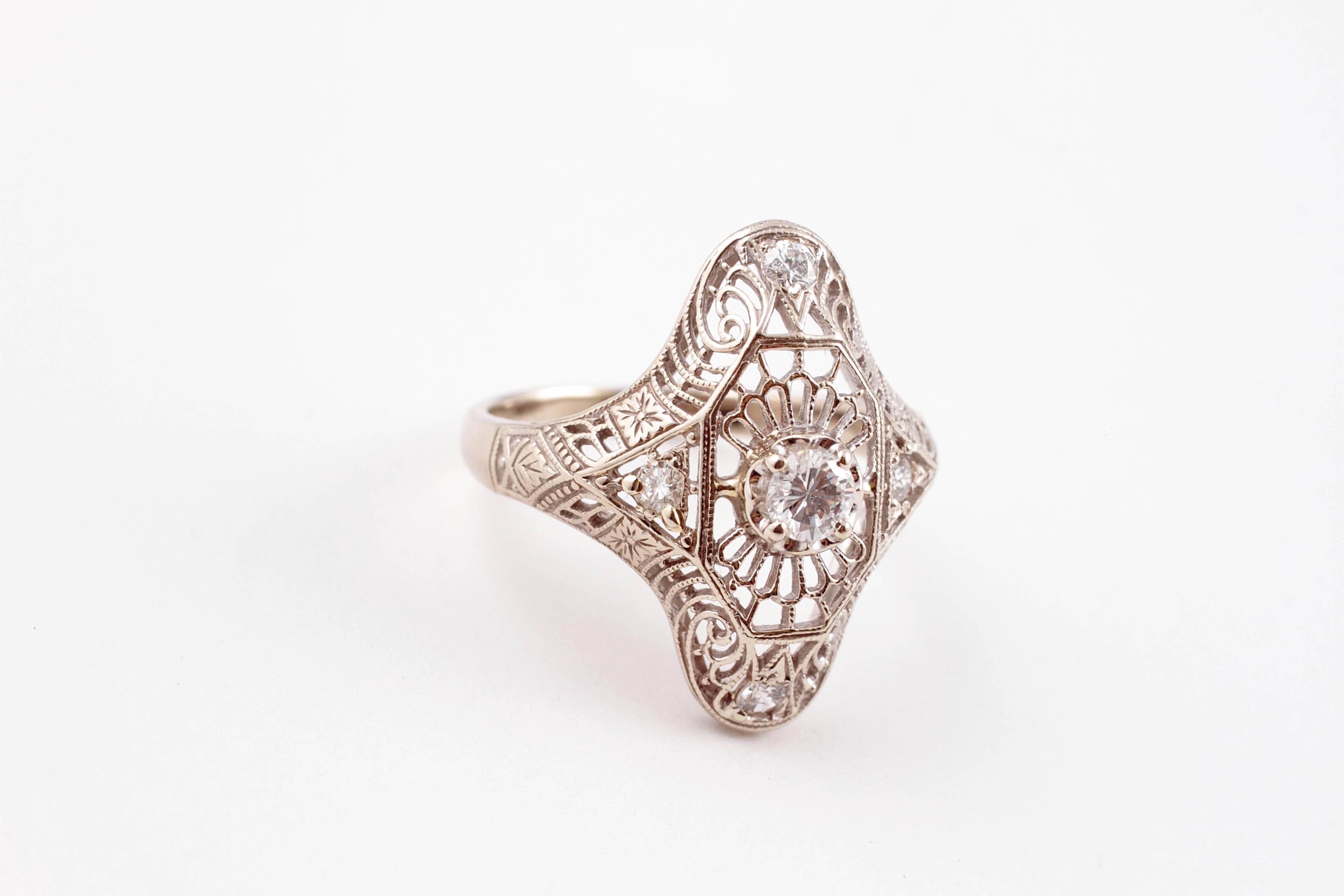 Art Deco Diamond Gold Filigree Engagement Ring 1