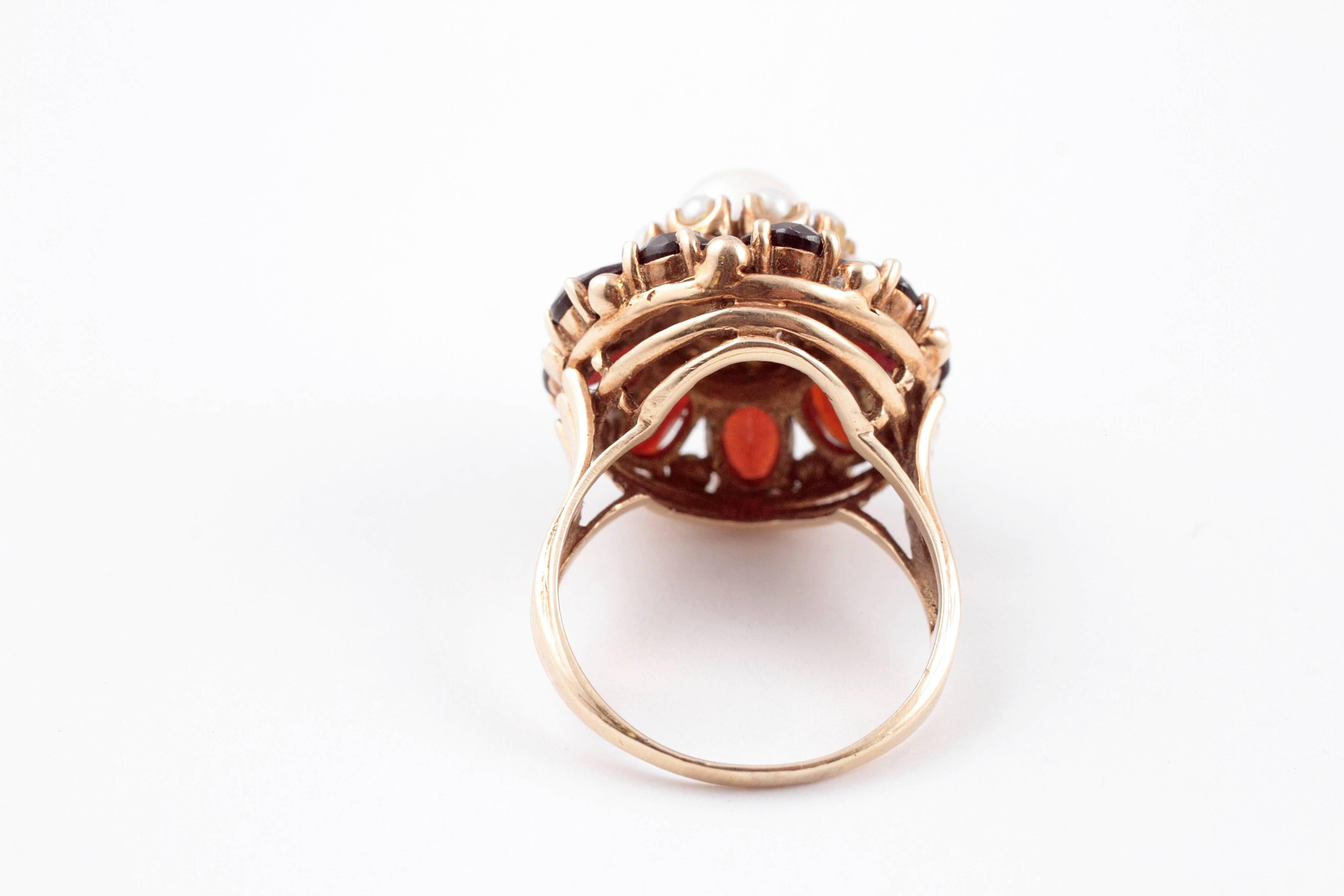 Cultured Pearl Garnet Gold Ring 2