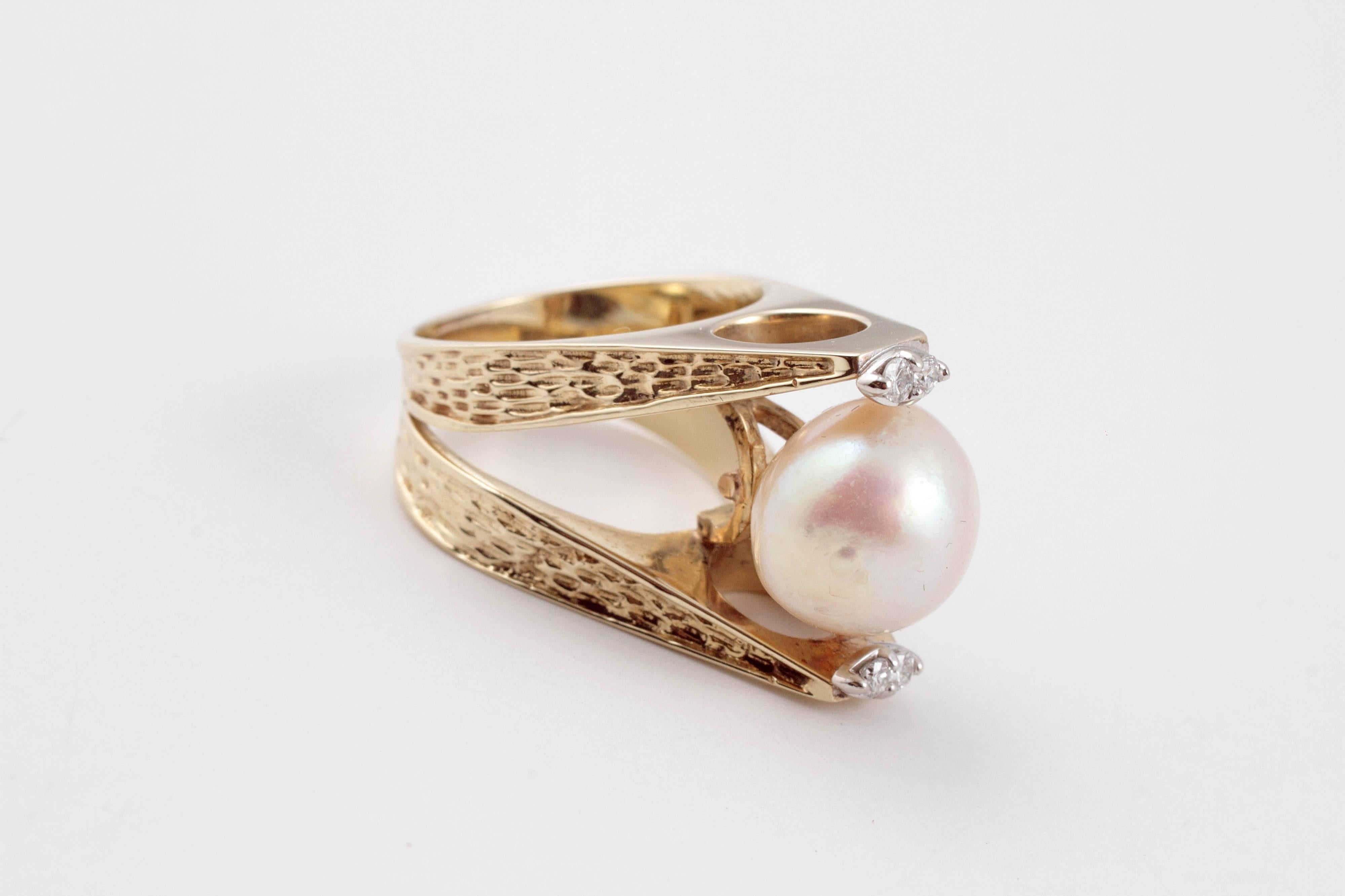 11.35 mm Cultured Pearl Diamond Ring Yellow Gold In Good Condition For Sale In Dallas, TX